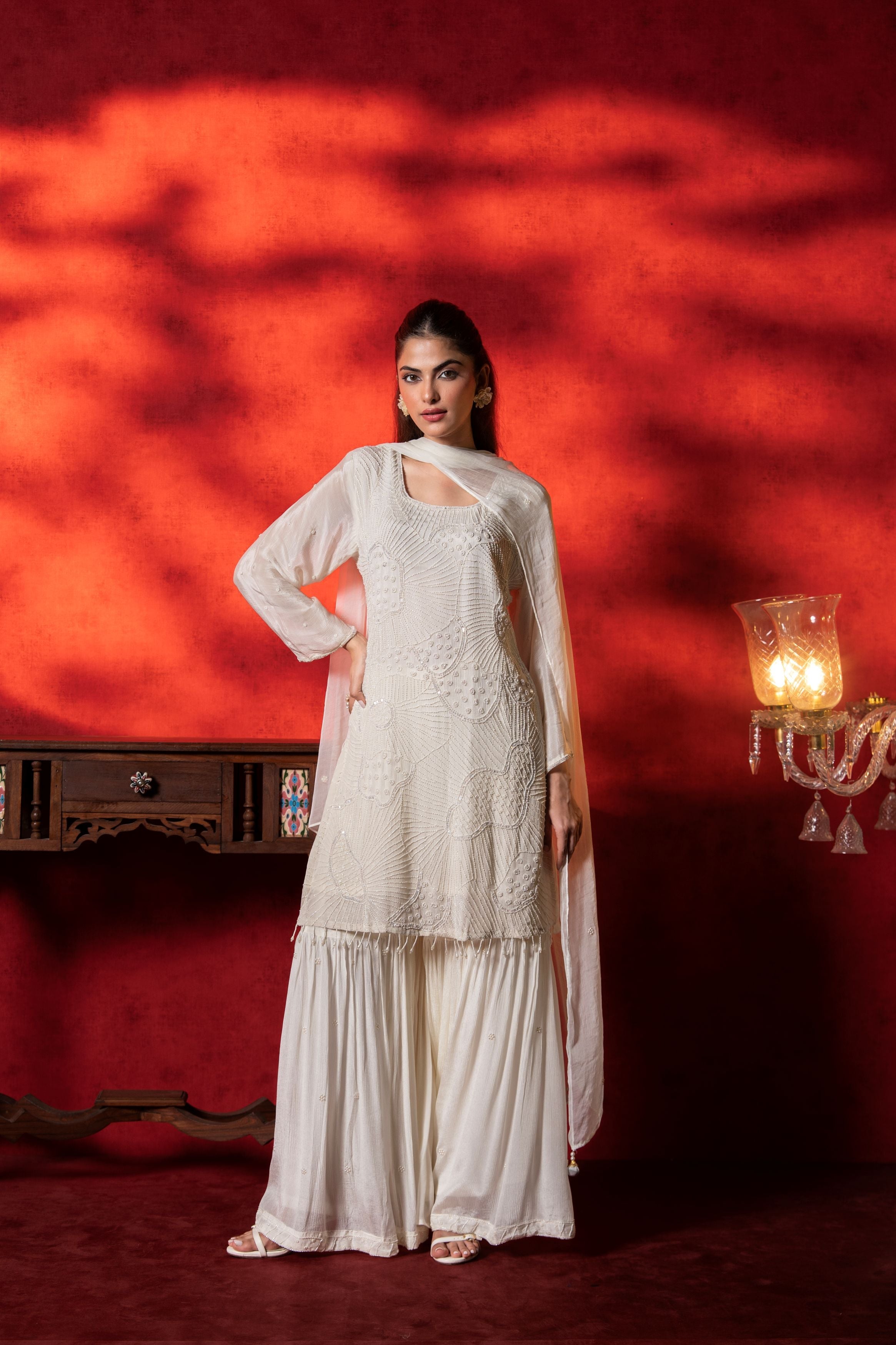 Ivory Embellished Chinon Silk  Sharara Set