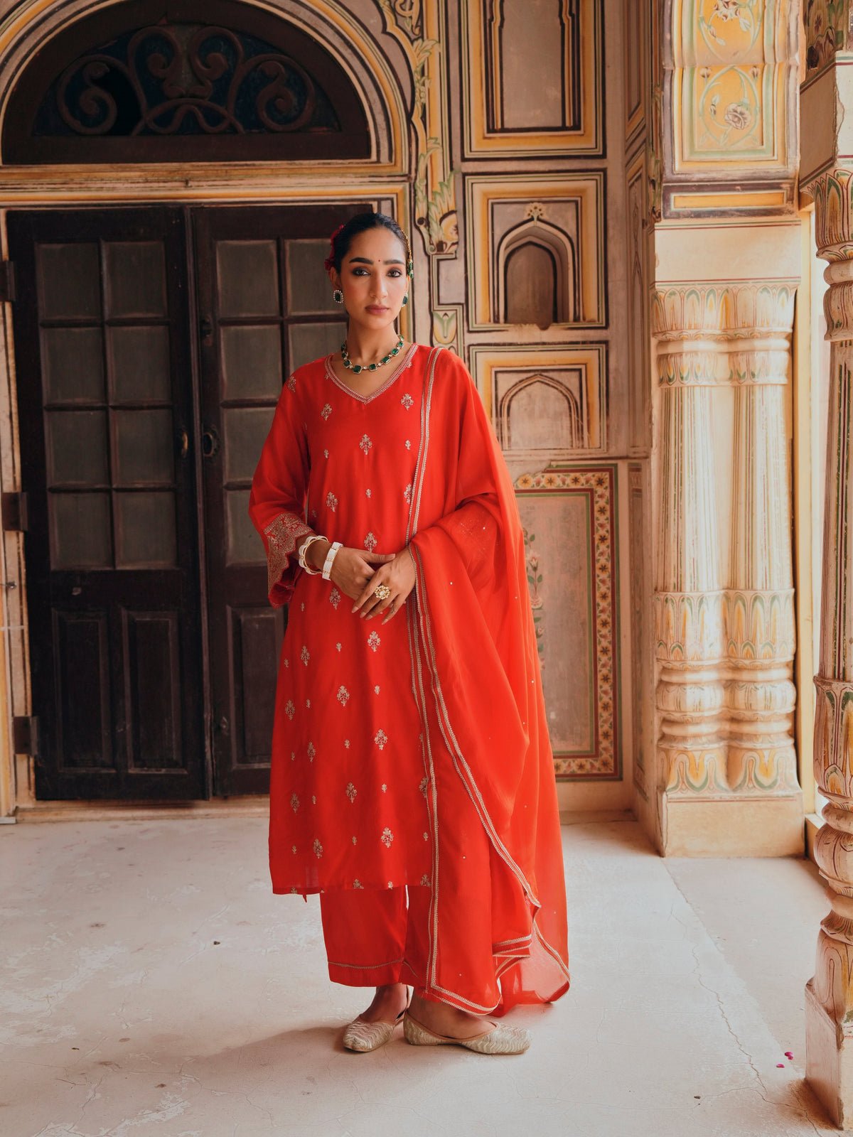 Coral Red Embellished Dola Silk Pant Set