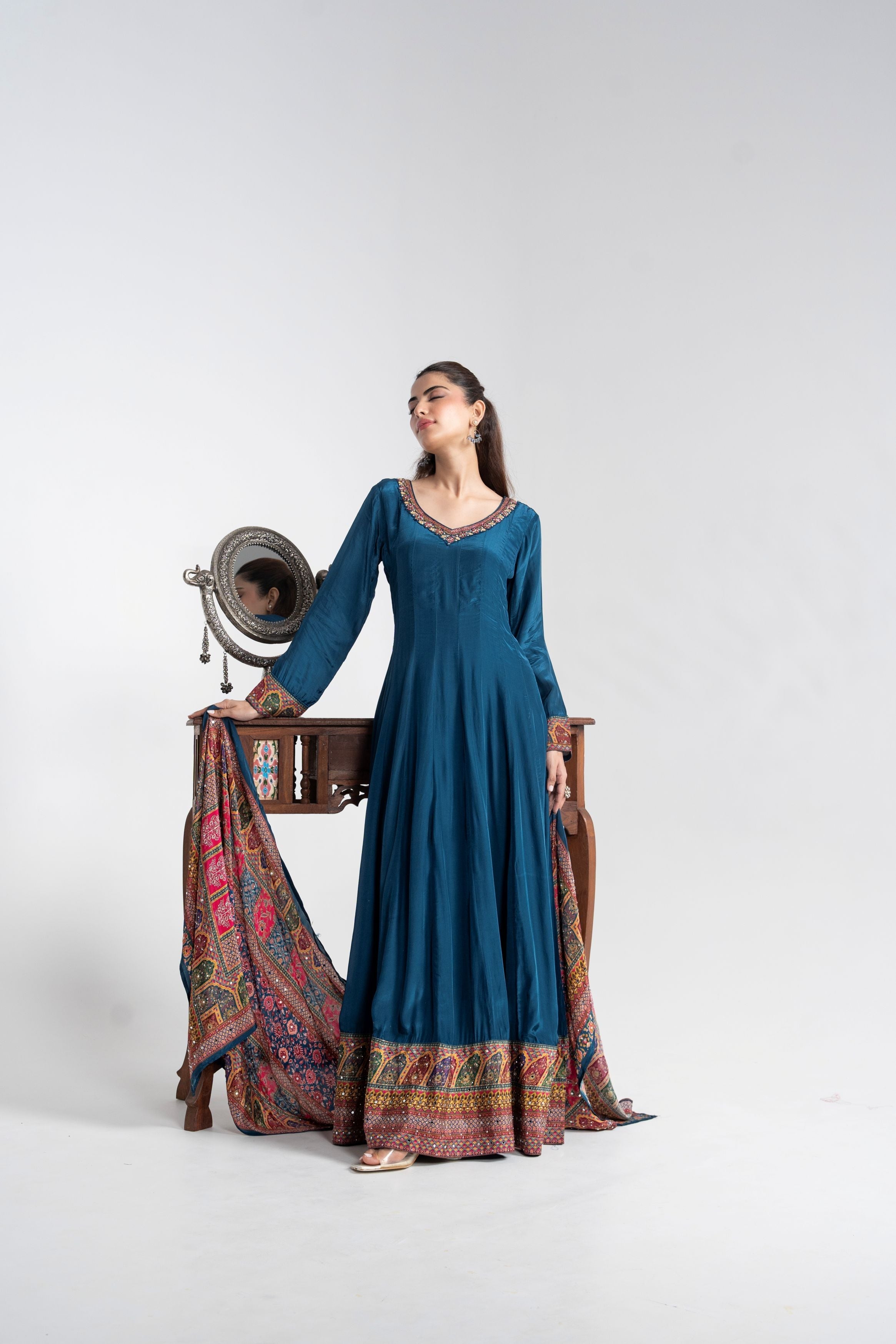 Teal Blue Printed Muslin Silk Anarkali Set