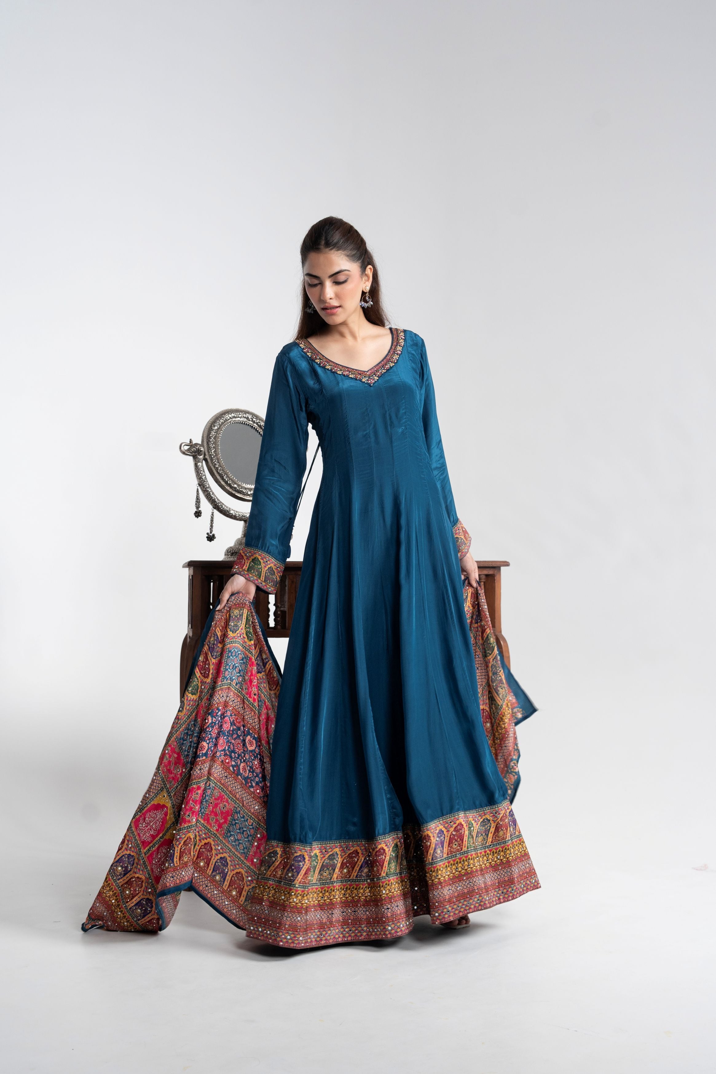 Teal Blue Printed Muslin Silk Anarkali Set