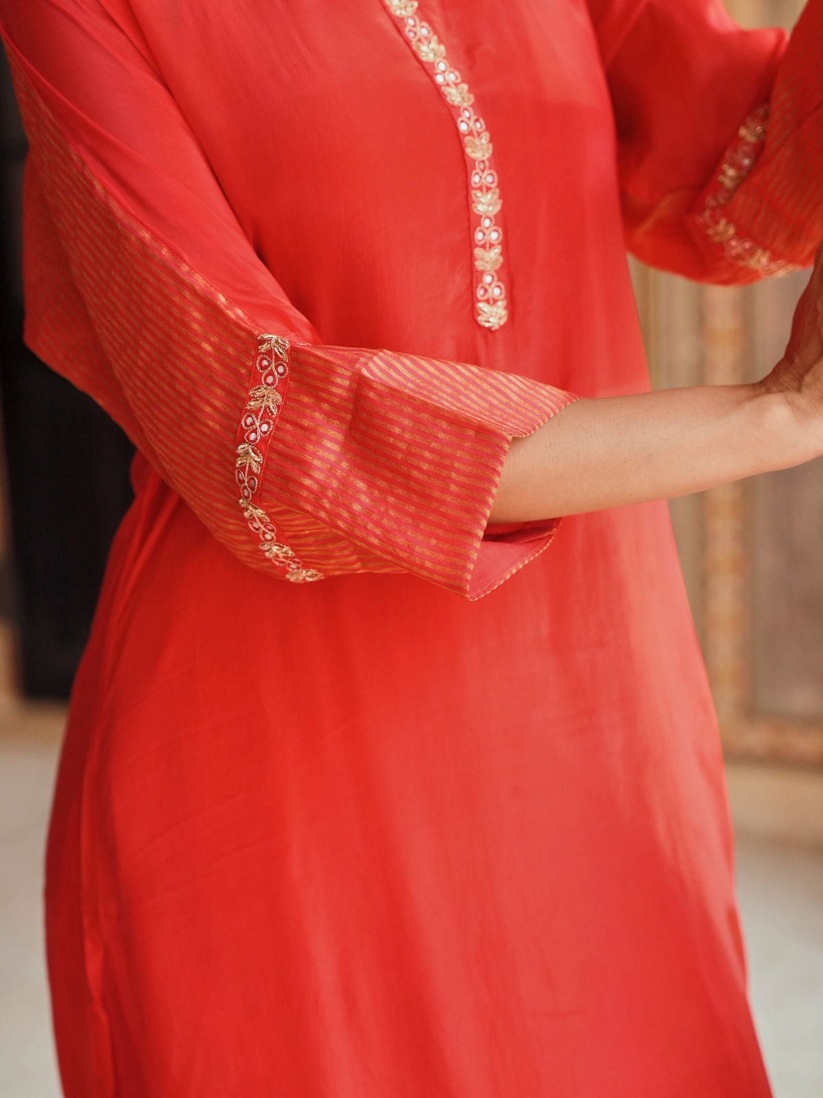 Red Embellished Tabby Silk Kurta Set