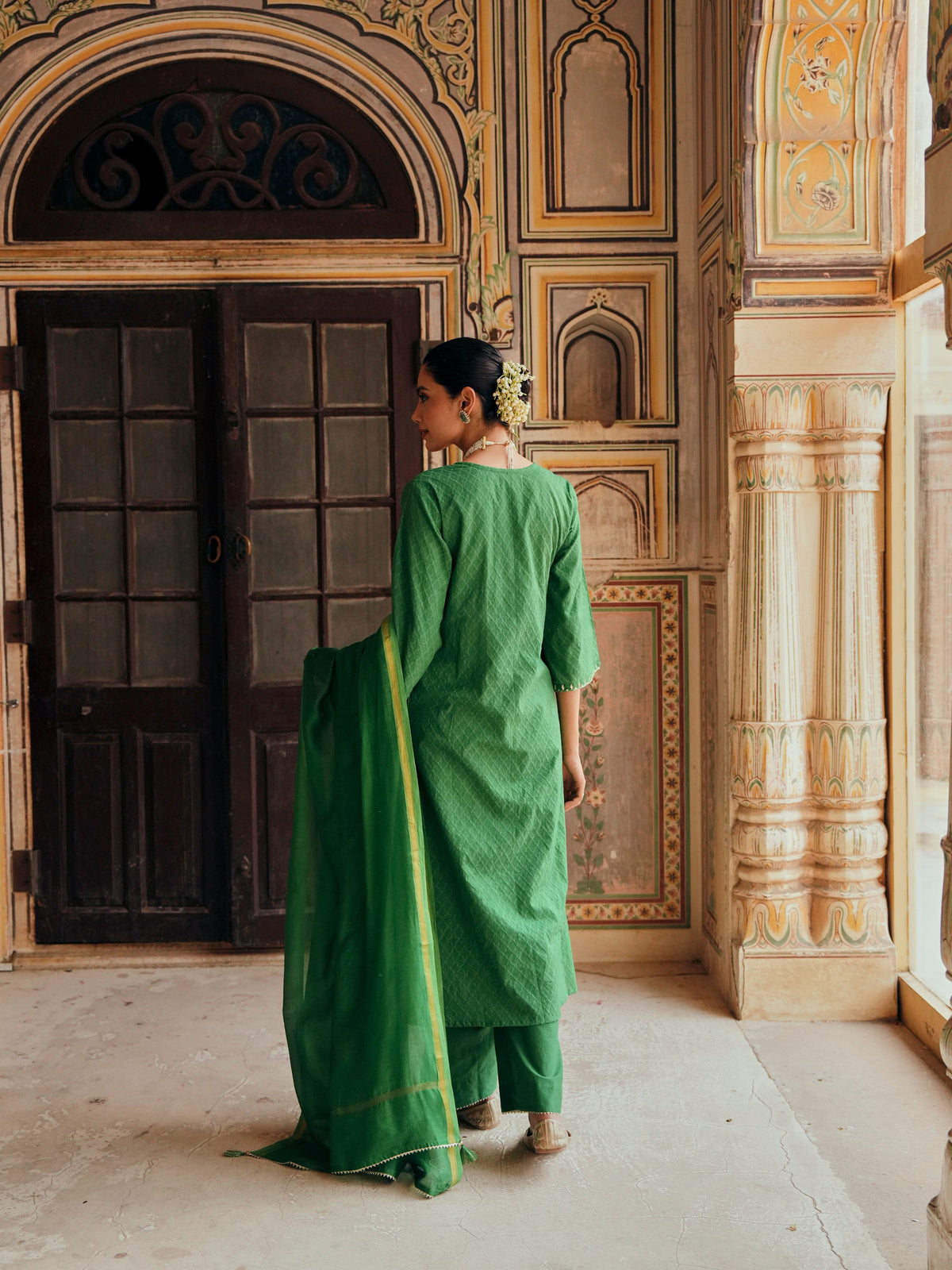 Emerald Green Embellished Banarasi Cotton Patola Kurta Set
