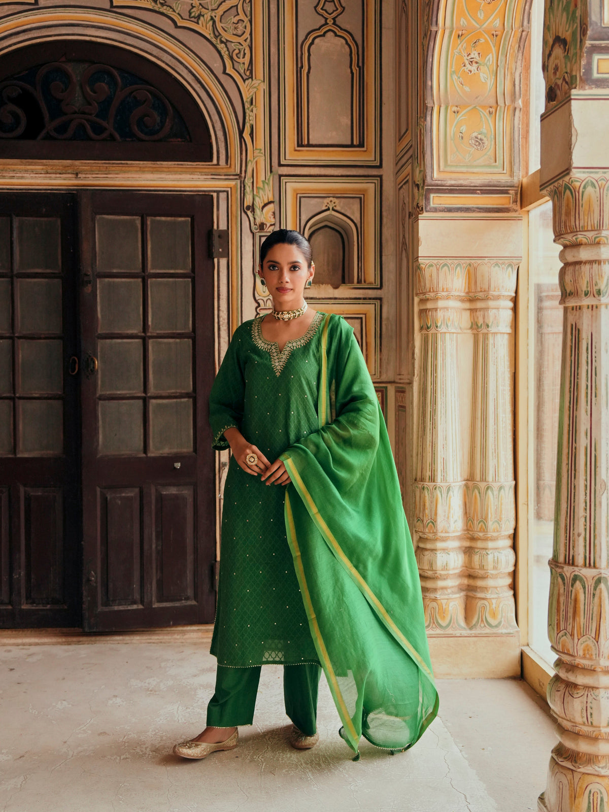 Emerald Green Embellished Banarasi Cotton Patola Kurta Set