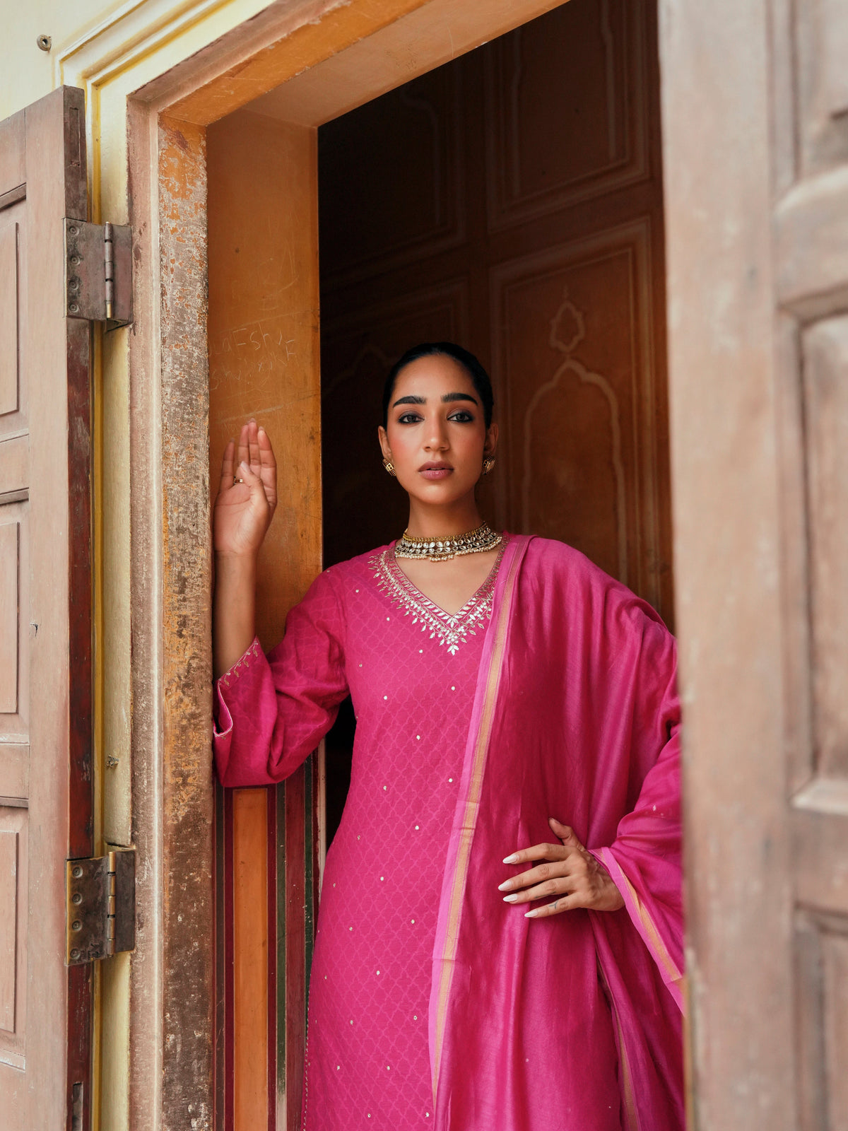 Bright Pink  Embellished Banarasi Cotton Patola Kurta Set