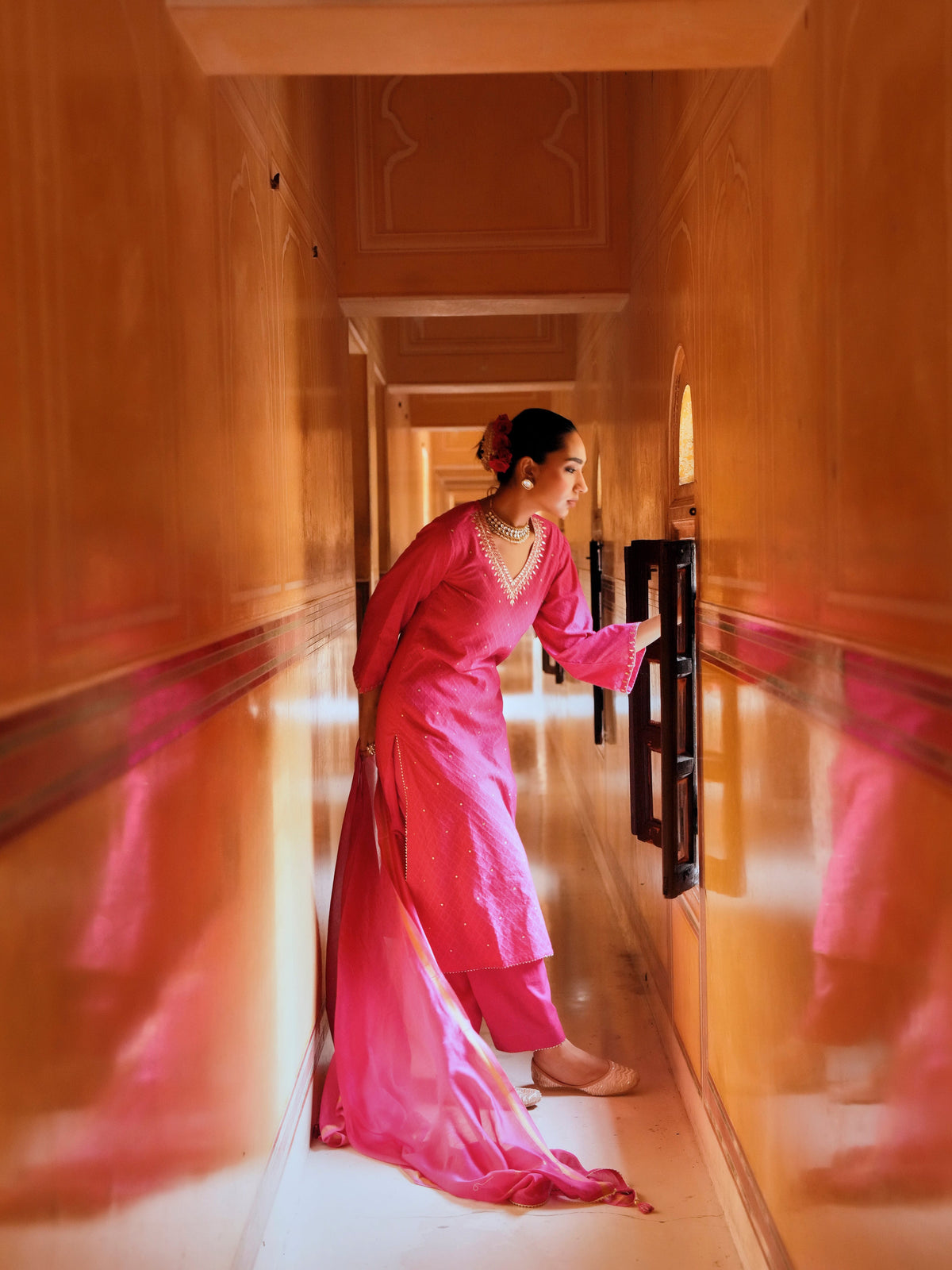 Bright Pink  Embellished Banarasi Cotton Patola Kurta Set