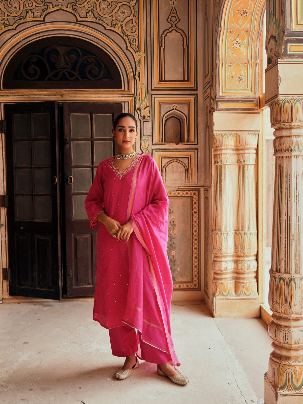 Bright Pink  Embellished Banarasi Cotton Patola Kurta Set