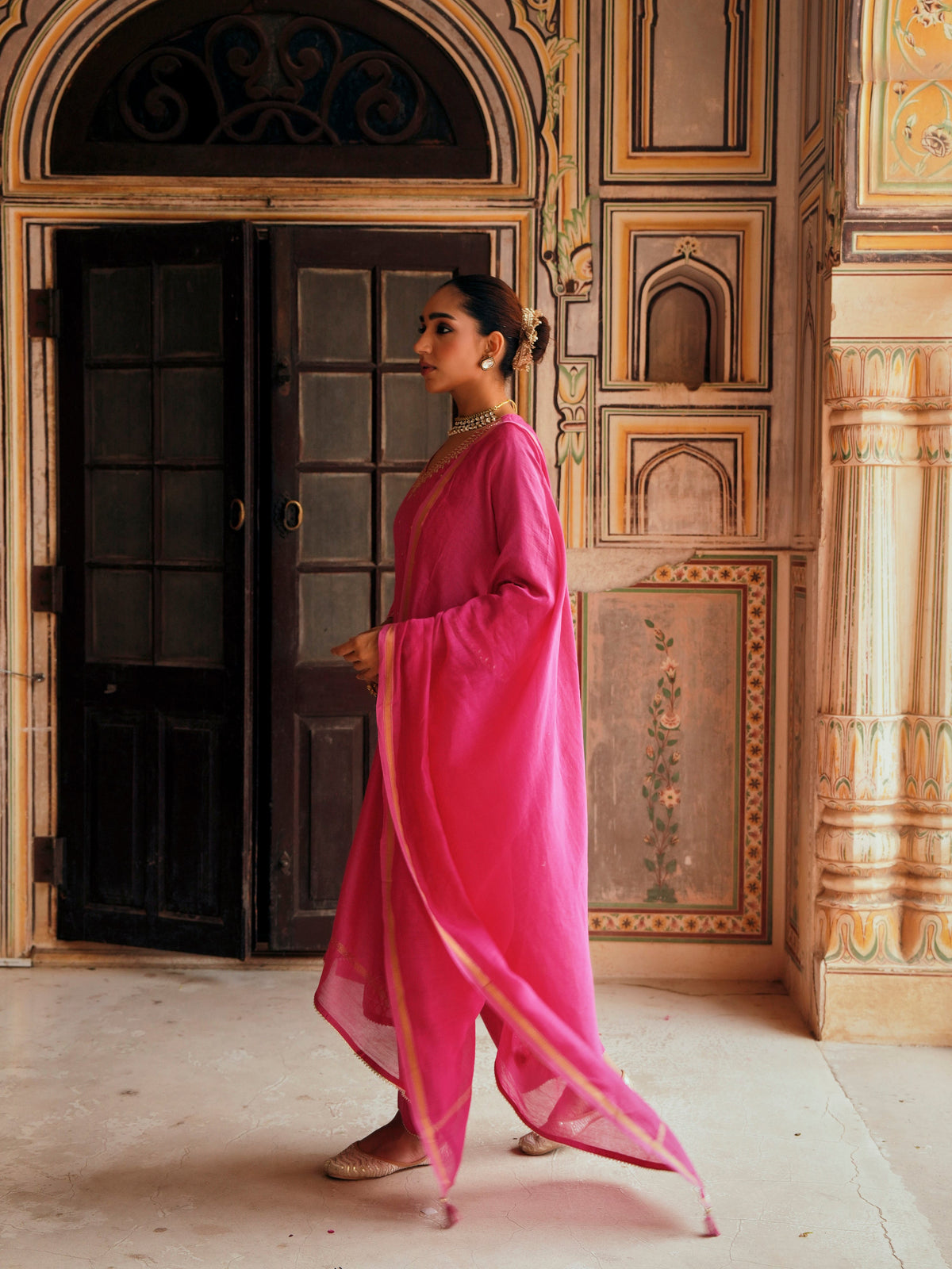 Bright Pink  Embellished Banarasi Cotton Patola Kurta Set