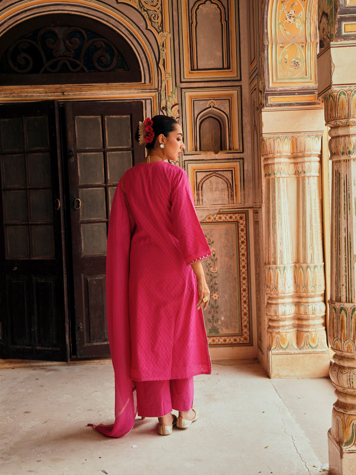 Bright Pink  Embellished Banarasi Cotton Patola Kurta Set