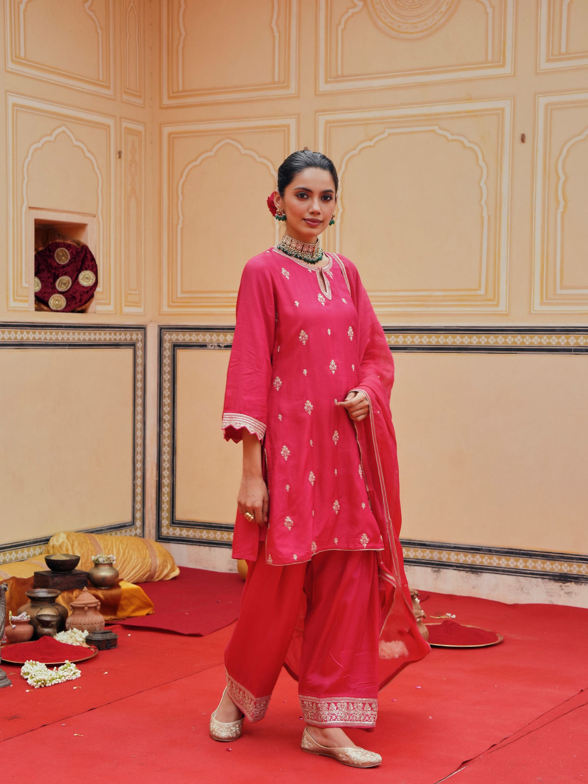 Rani Pink Embellished Dola Silk Farshi Salwar Set