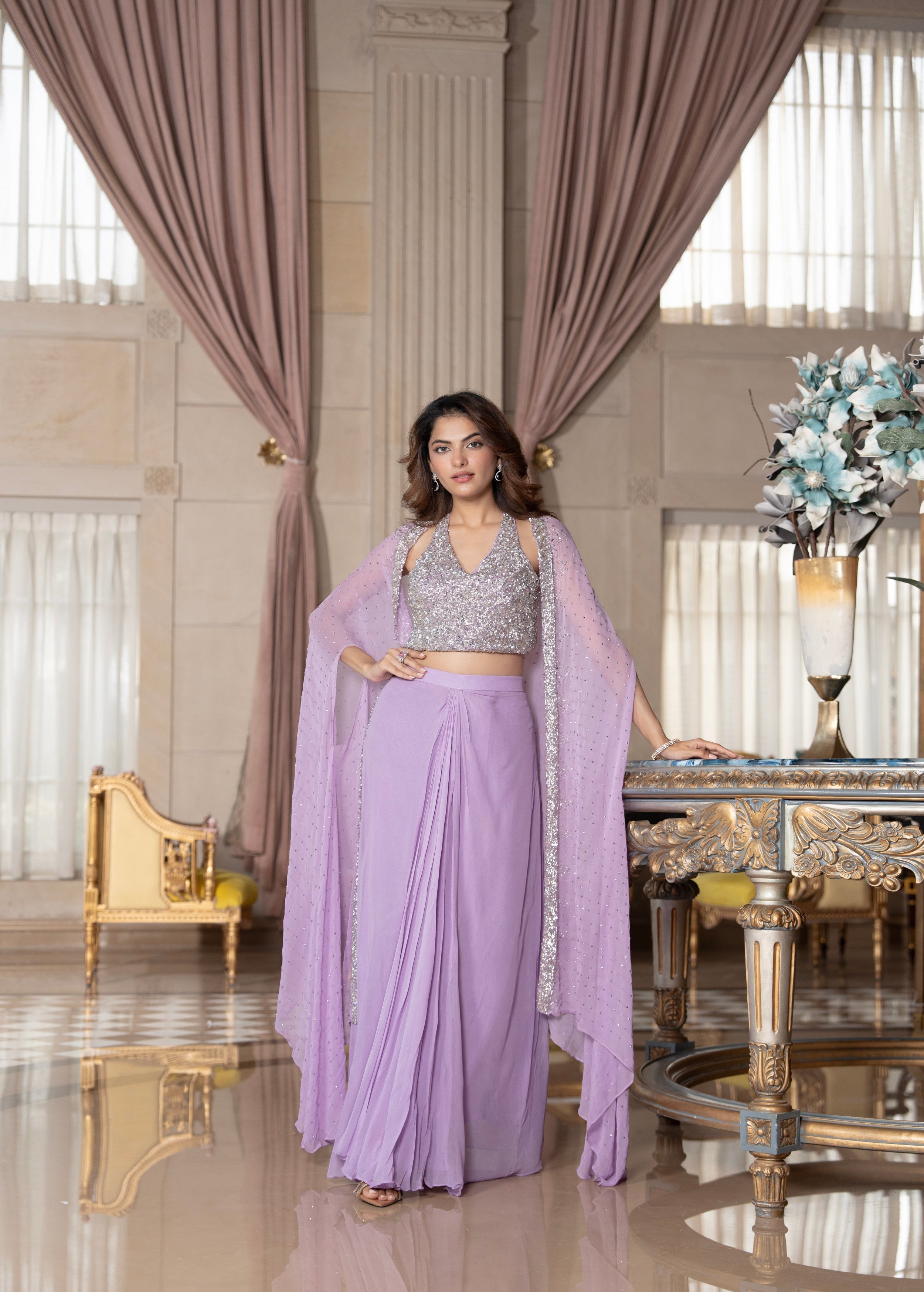 Lavender Embellished Georgette Silk Cape Set