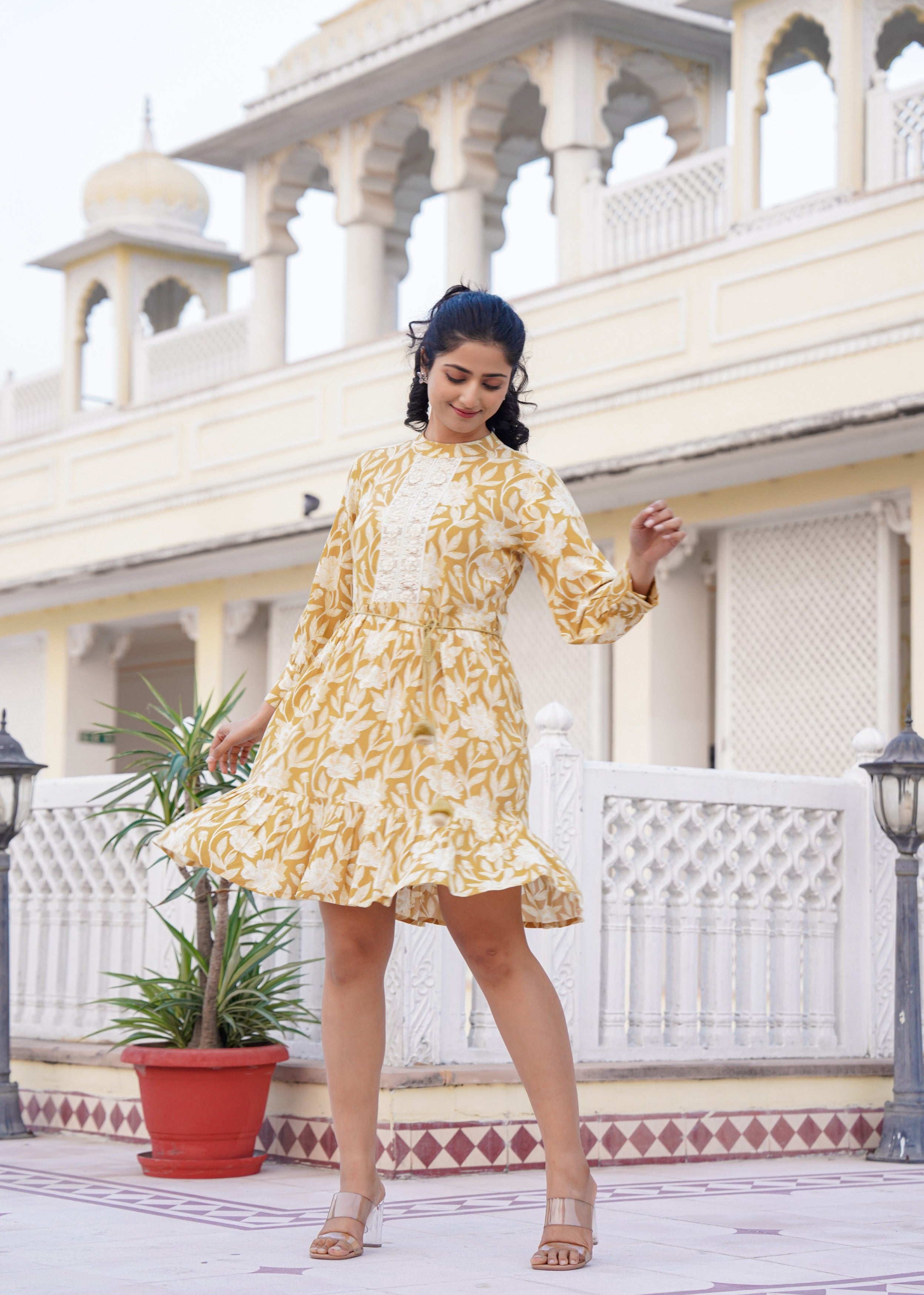 Mustard Yellow Floral Embroidered Cotton Dress