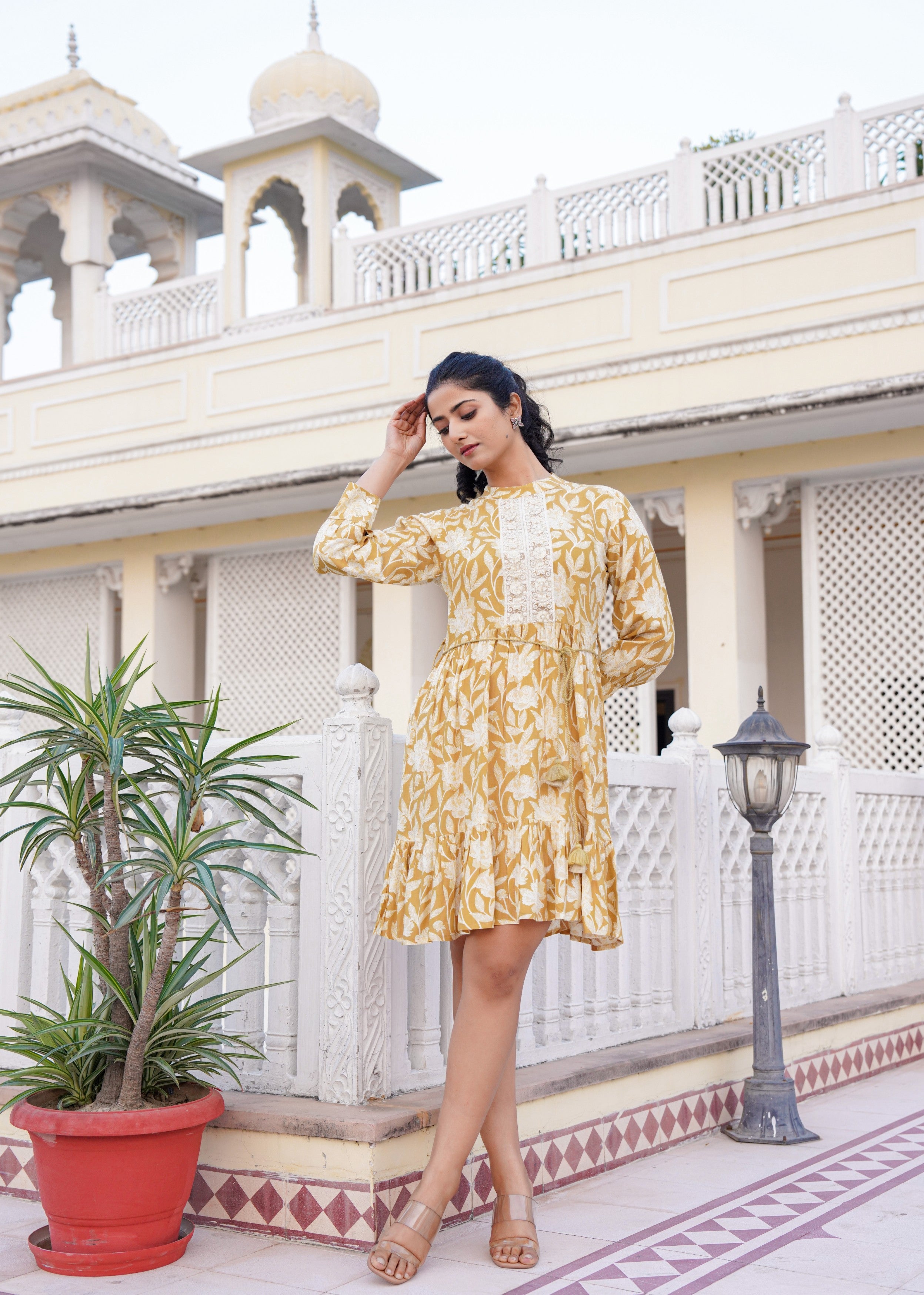 white christmas dresses Mustard Yellow Floral Embroidered Cotton Dress