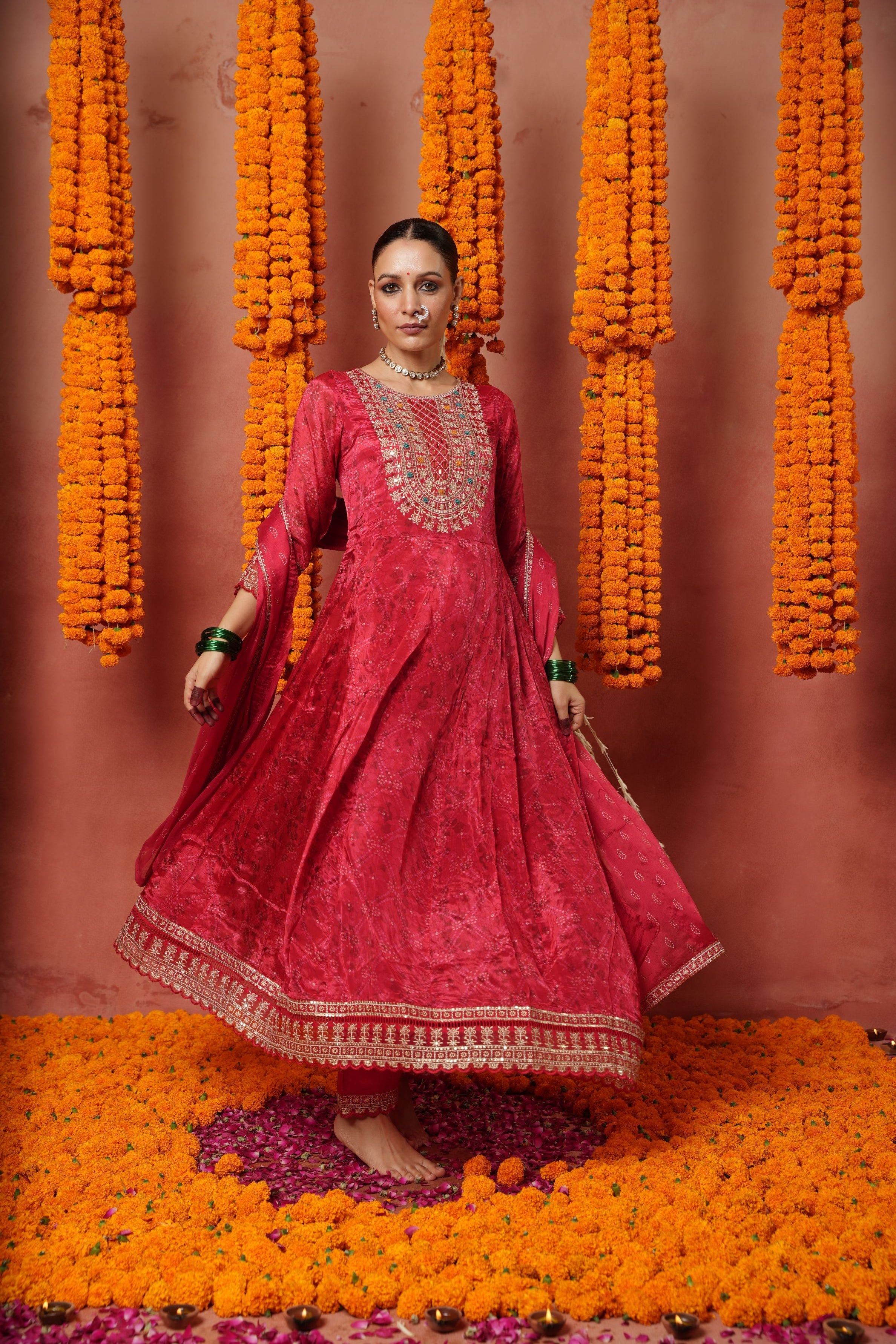 Red Traditional Printed Spanish Silk Anarkali Set