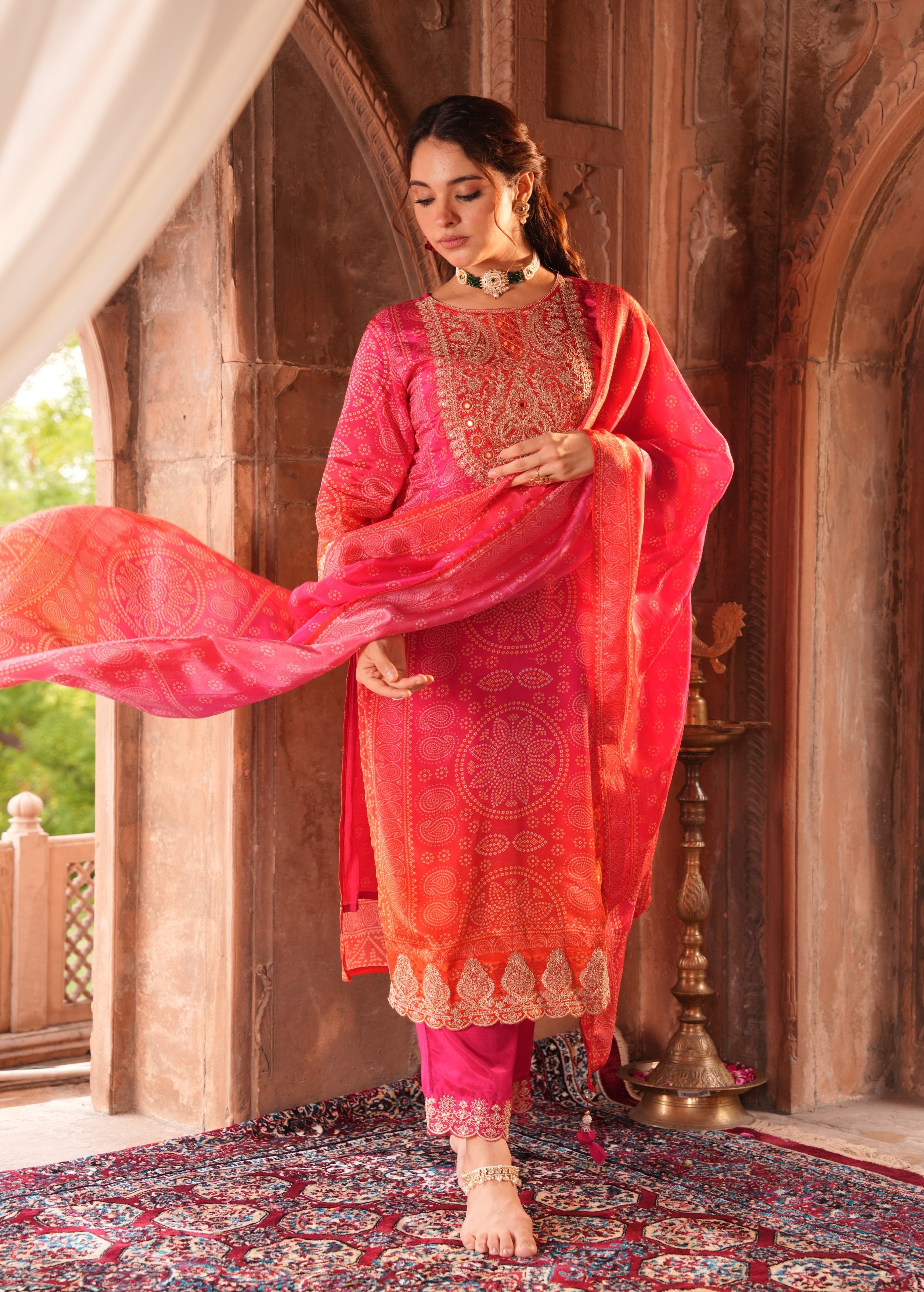 Rich Pink Embellished Chinon Silk Pant Set