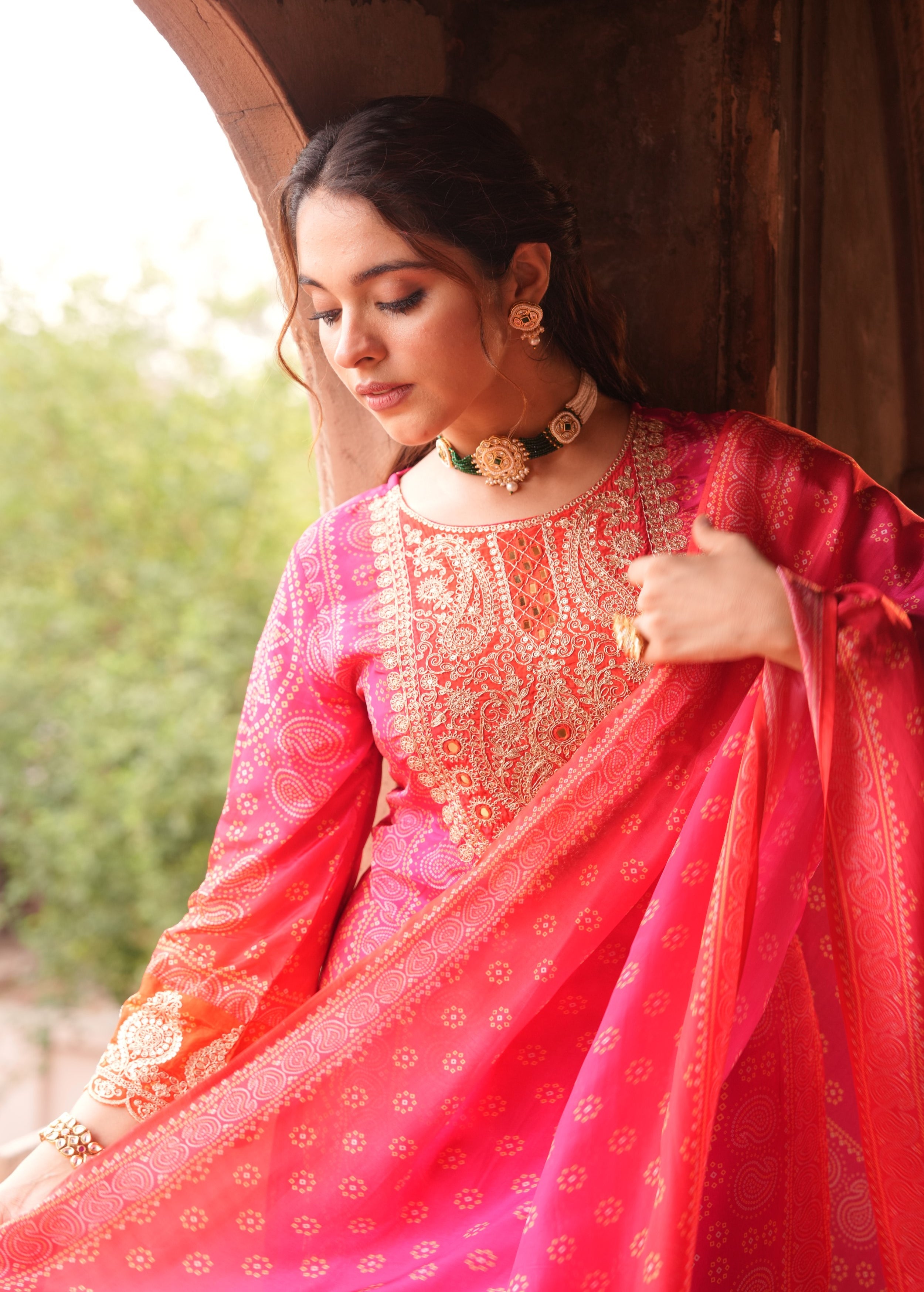 Rich Pink Embellished Chinon Silk Pant Set