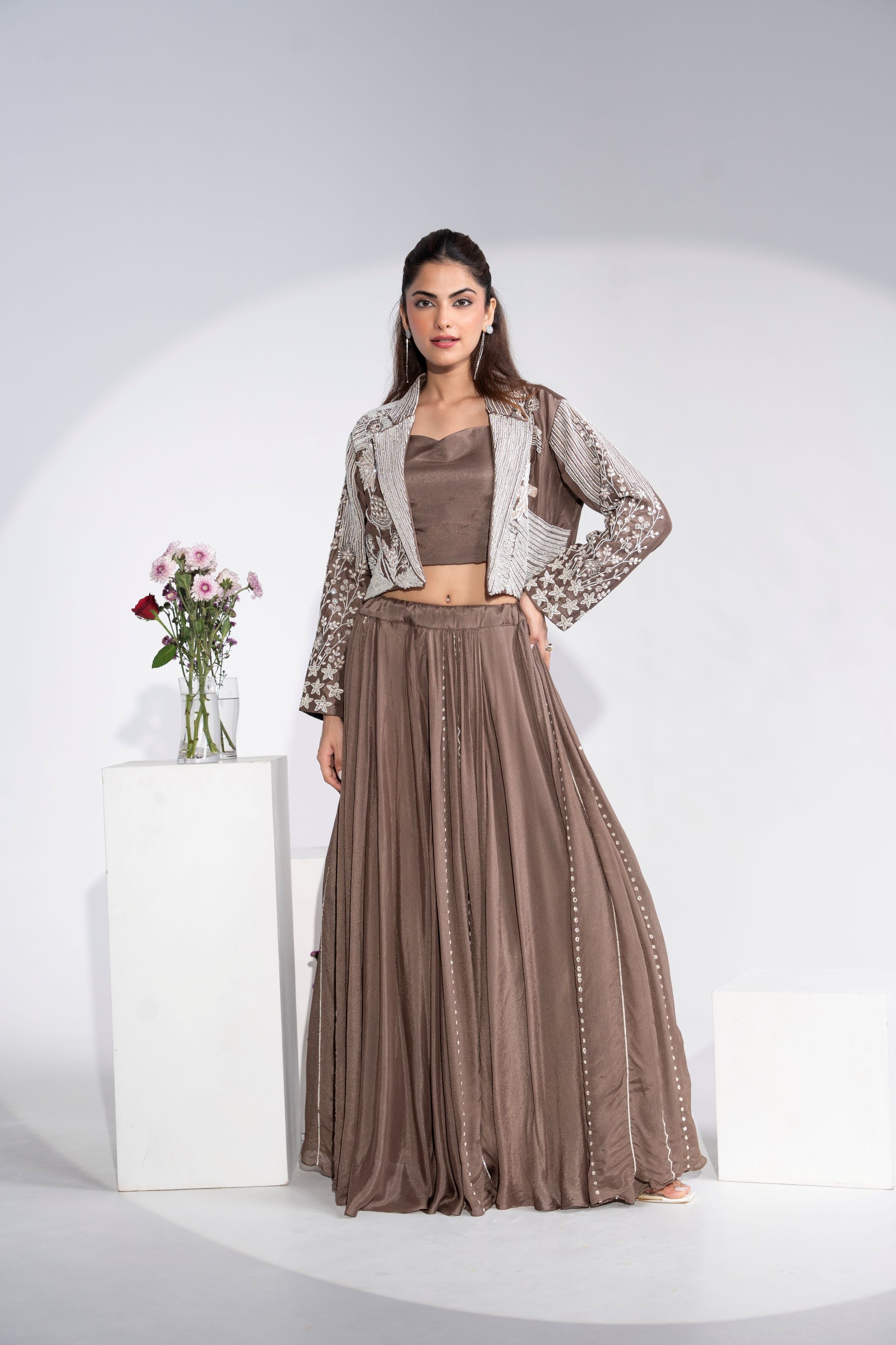 Dusty Brown Embellished Chinon Silk Skirt Set