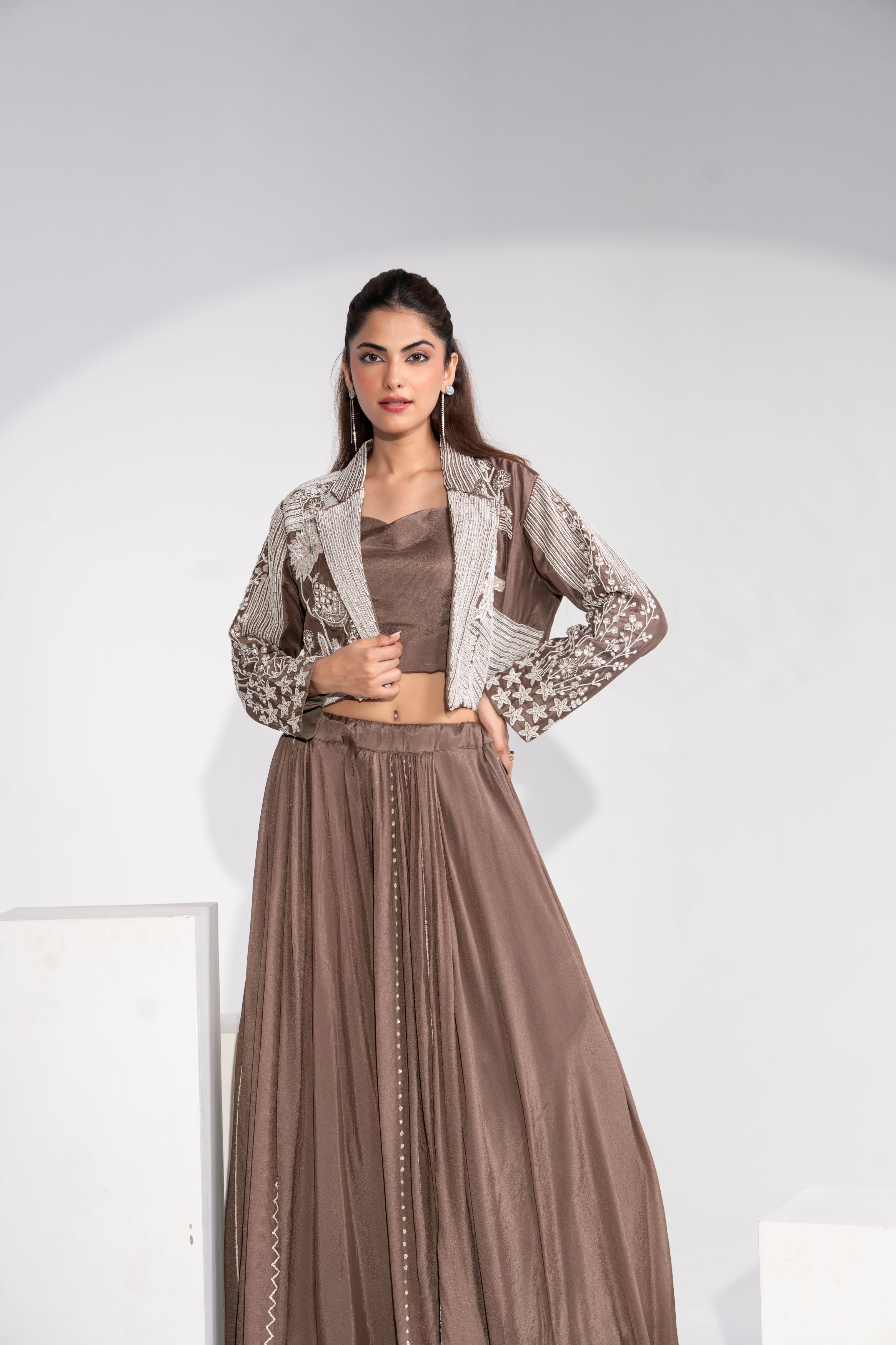 Dusty Brown Embellished Chinon Silk Skirt Set