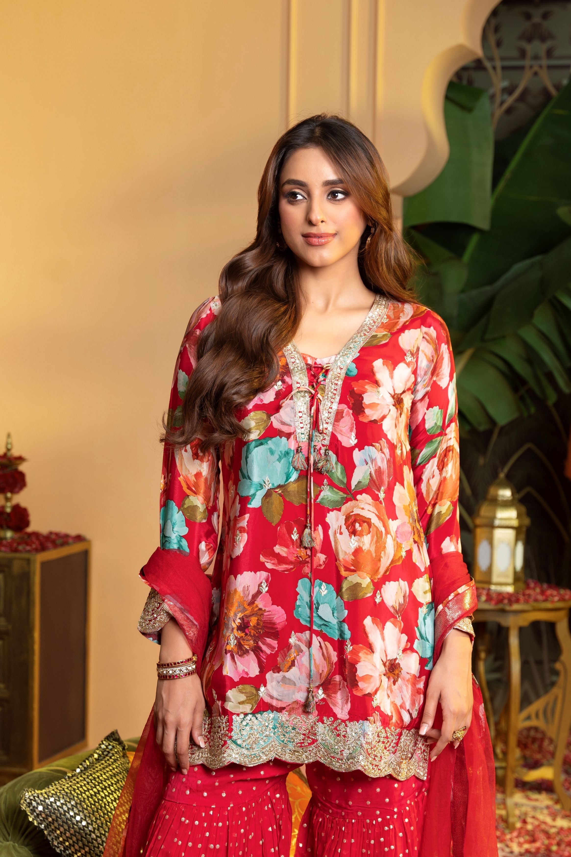 Rich Red Printed Satin Silk Sharara Set