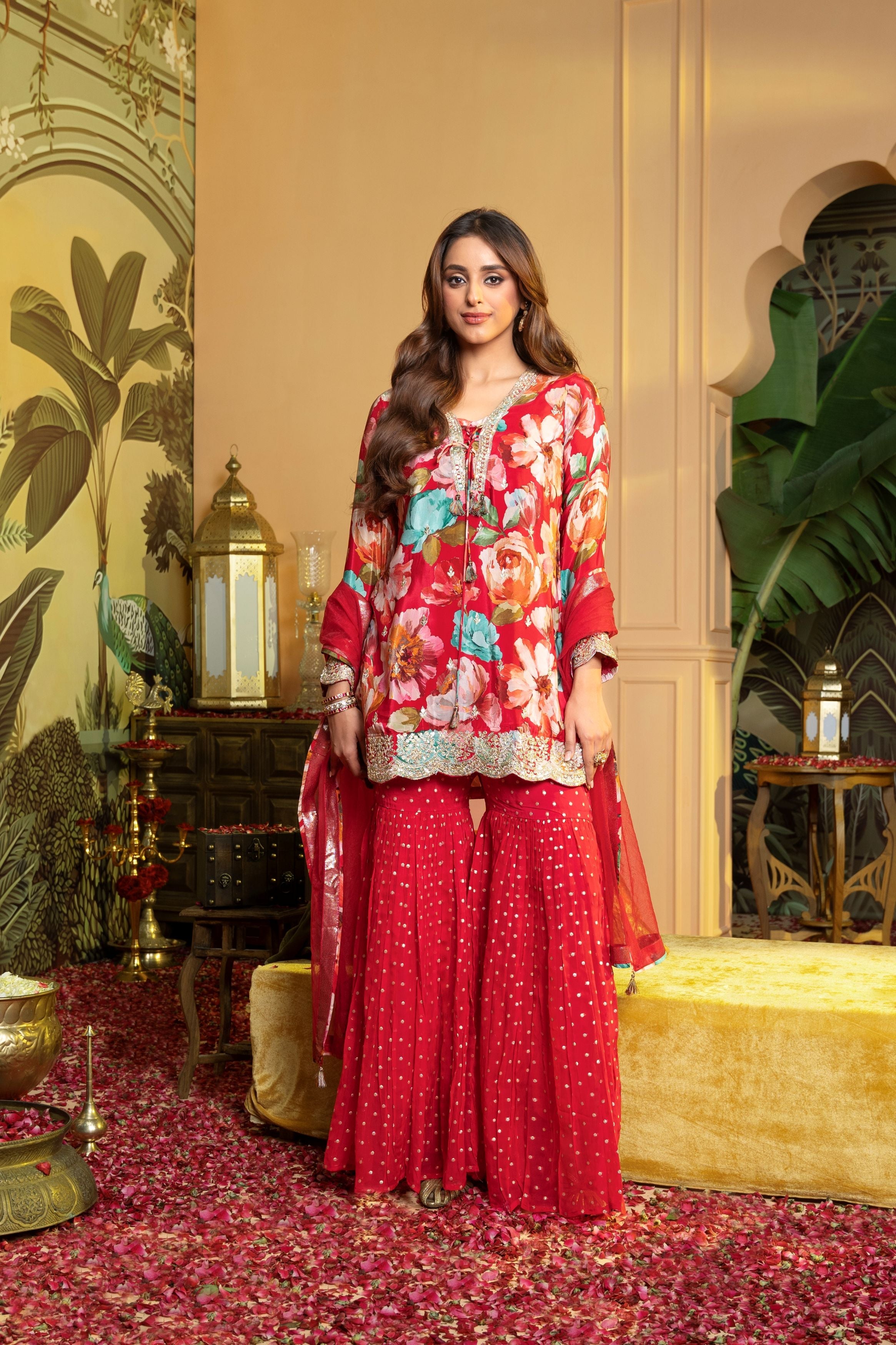 Rich Red Printed Satin Silk Sharara Set