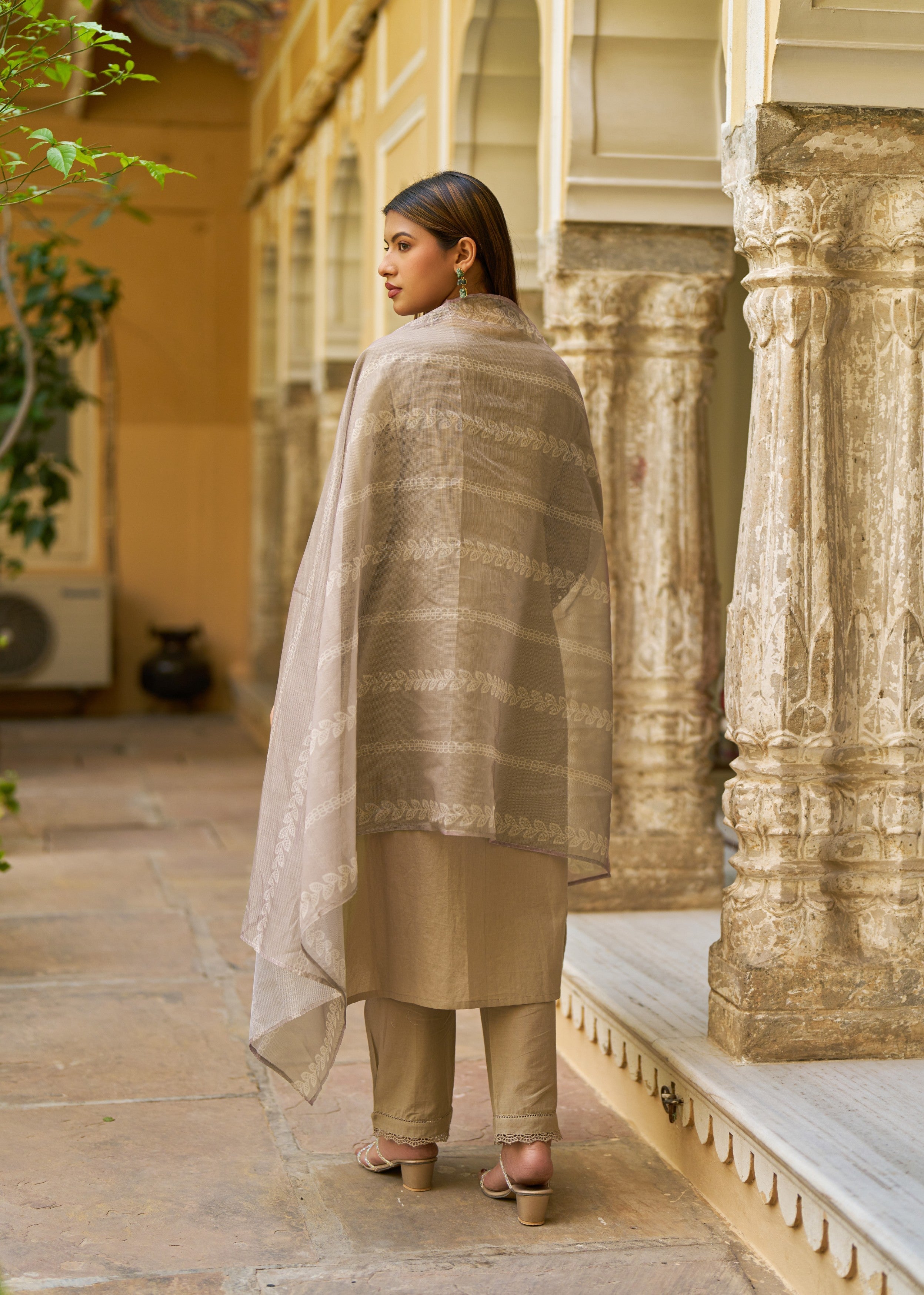 Taupe Brown Embroidered Cotton Pant Set