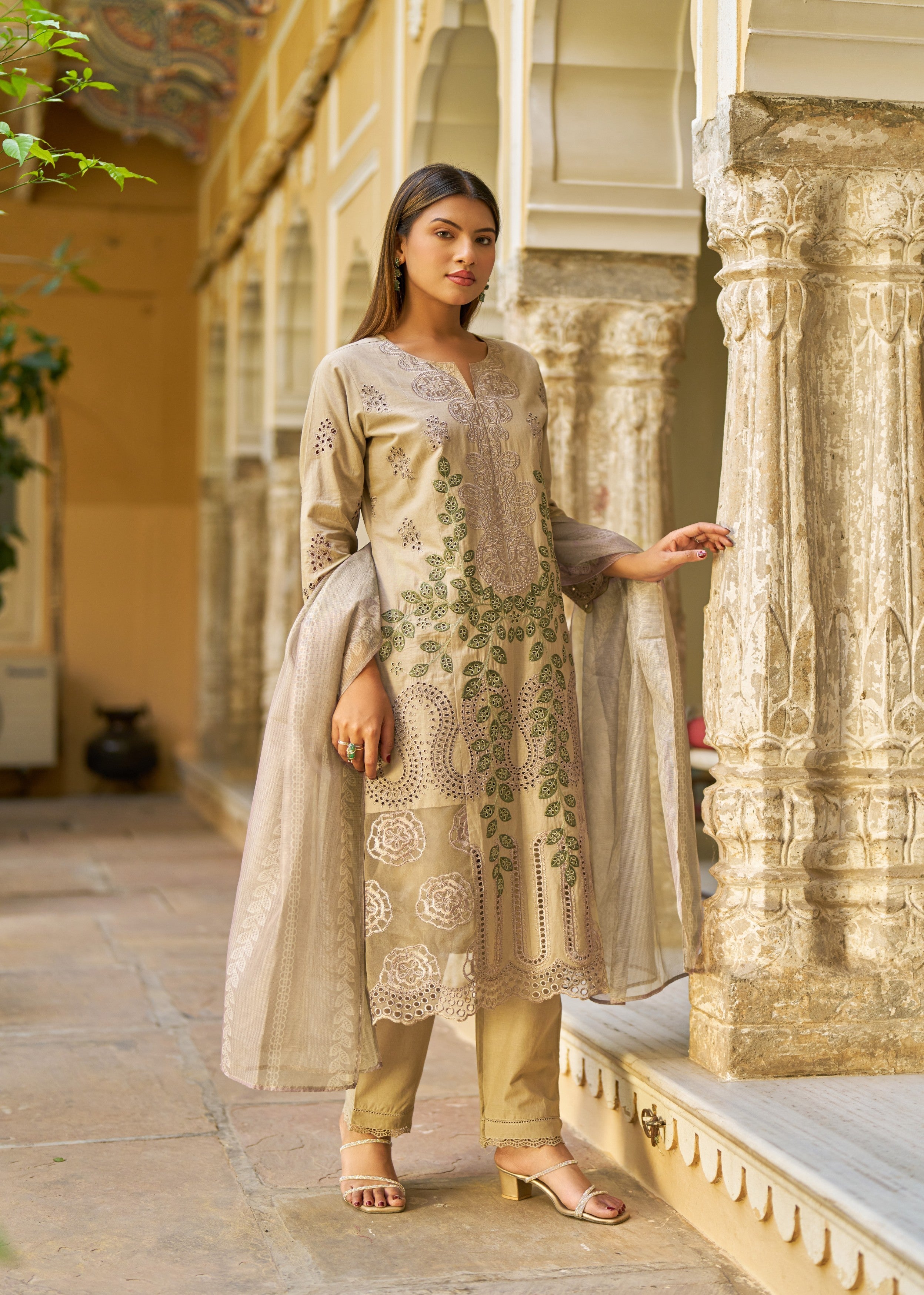 Taupe Brown Embroidered Cotton Pant Set