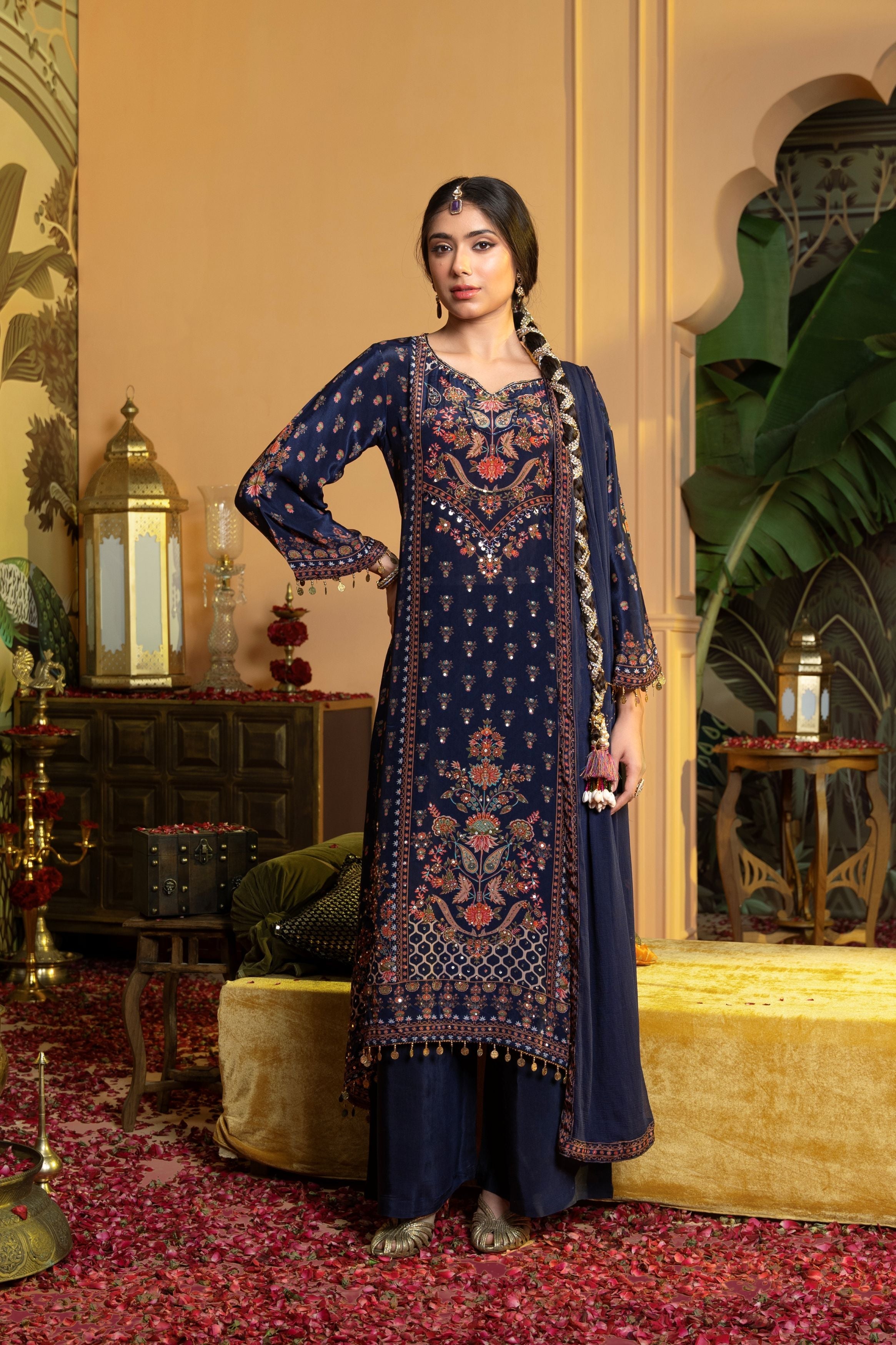 Deep Blue Printed Crepe Silk Palazzo Set