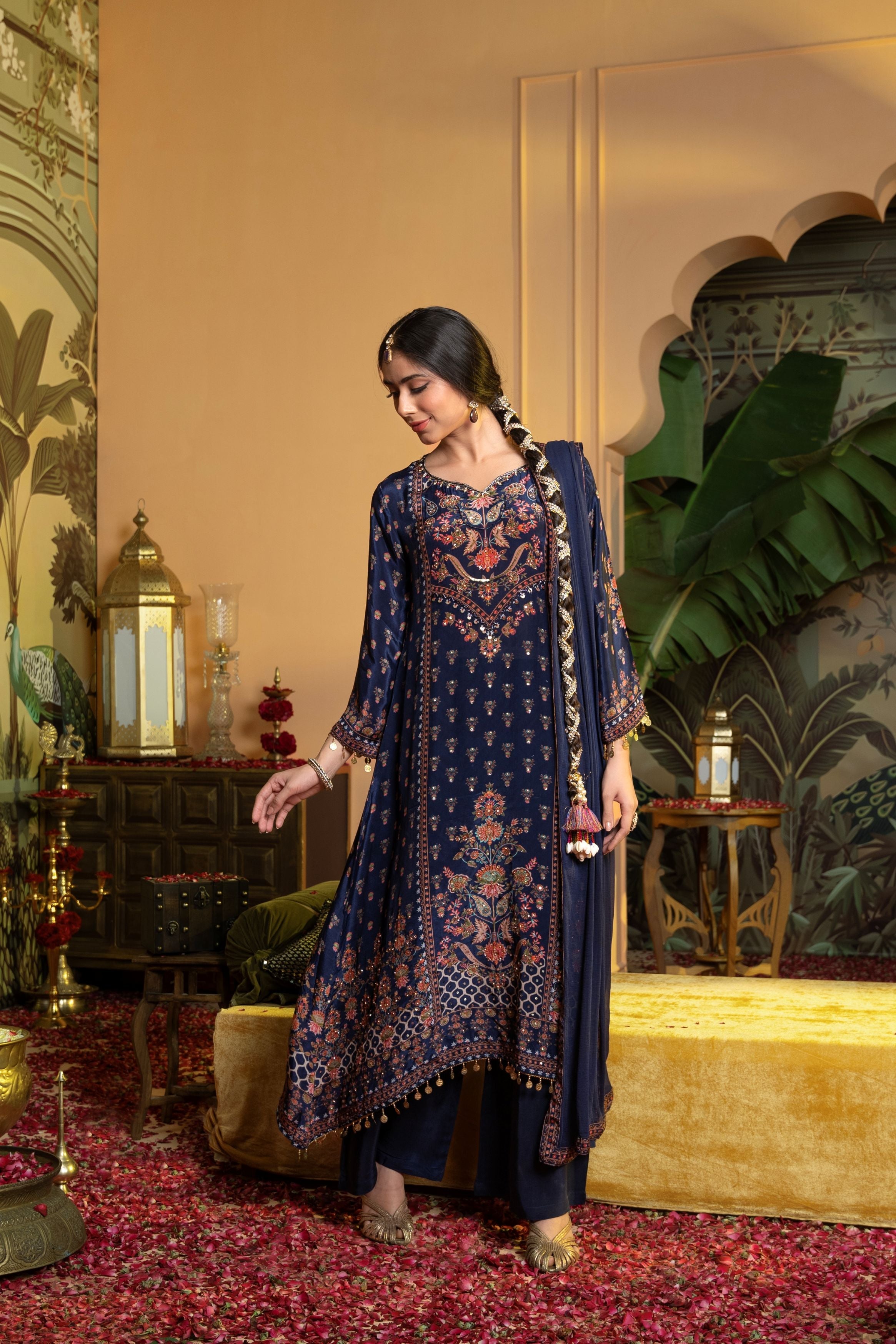 Deep Blue Printed Crepe Silk Palazzo Set