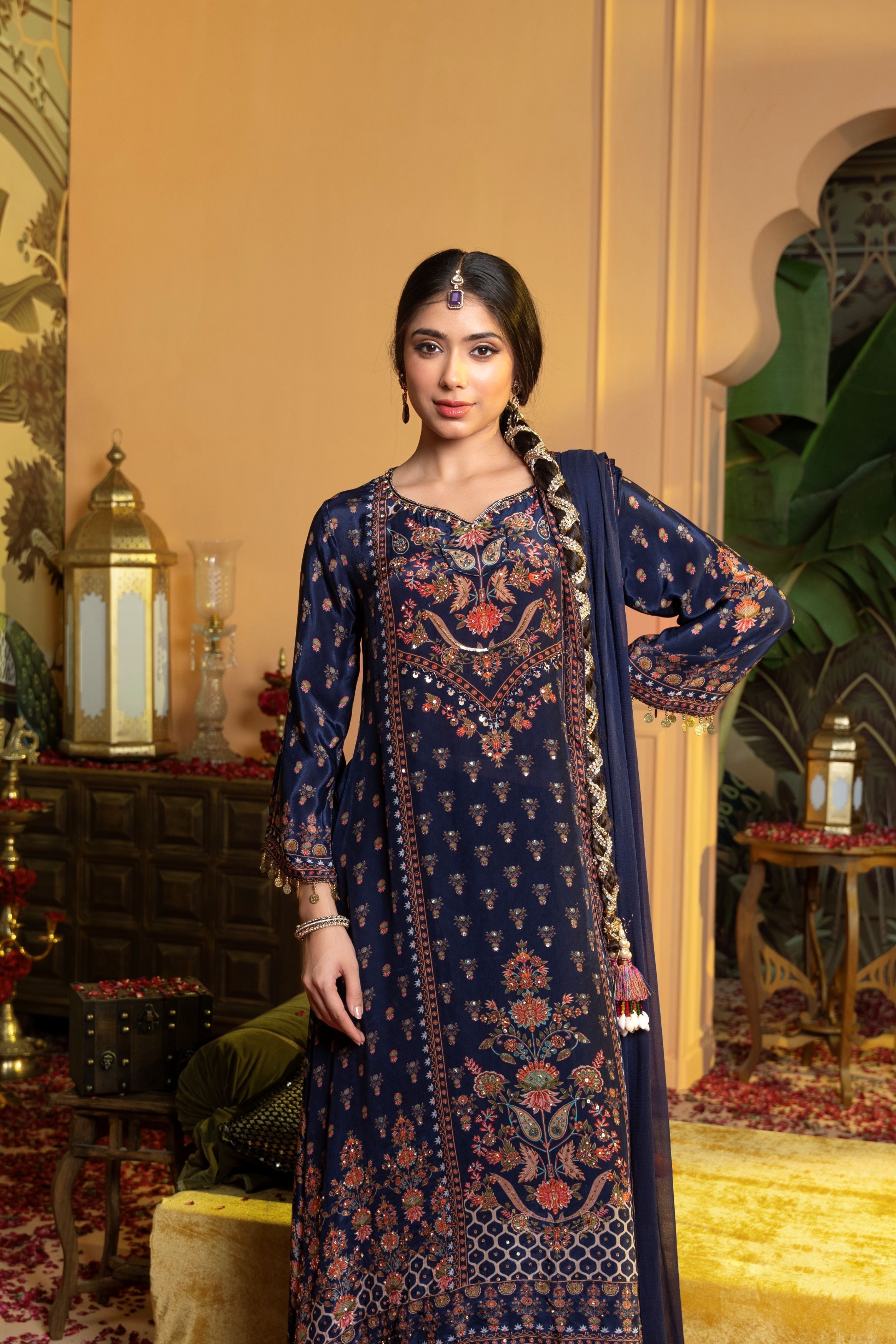 Deep Blue Printed Crepe Silk Palazzo Set