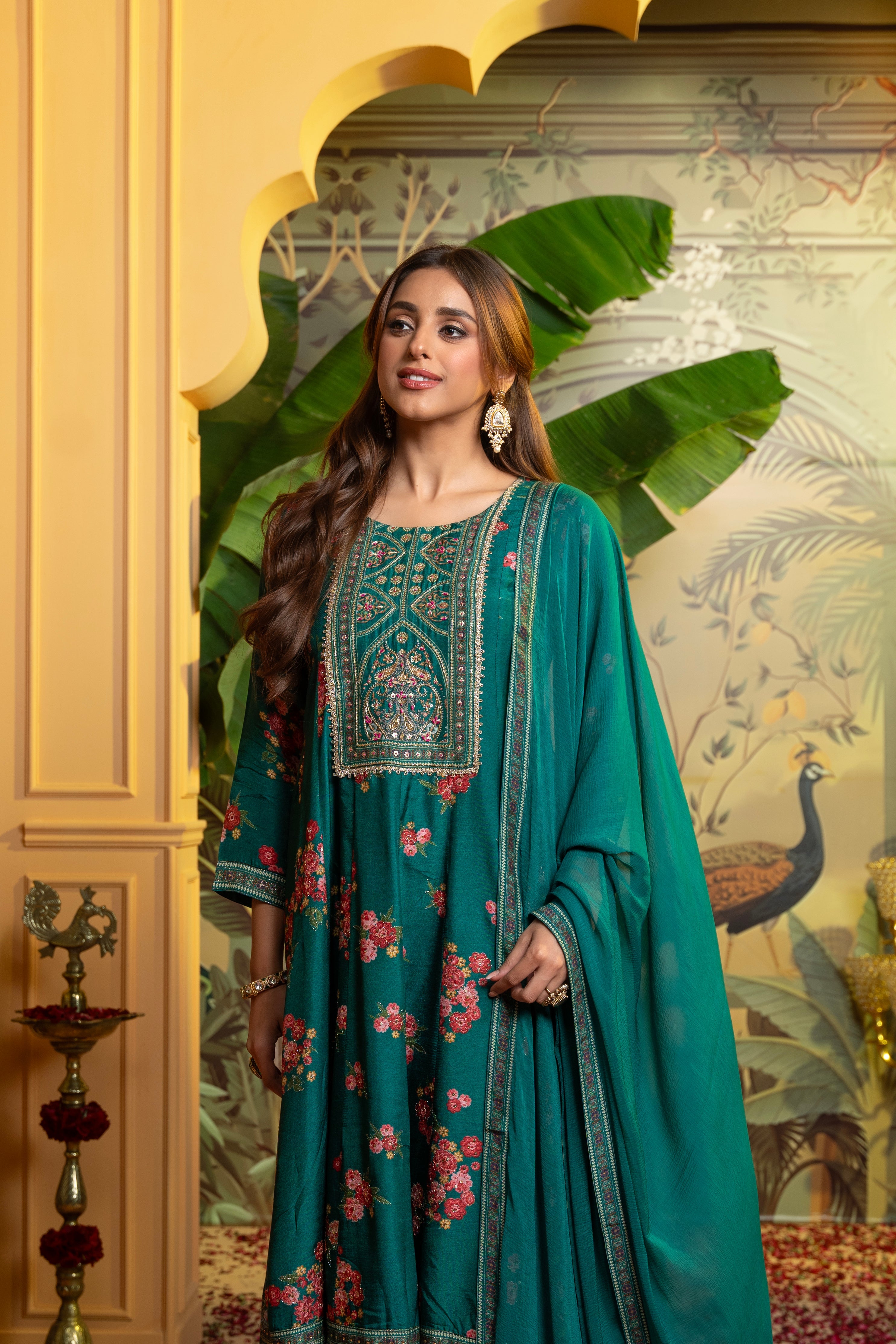 Deep Green Embellished Dola Silk Anarkali Set
