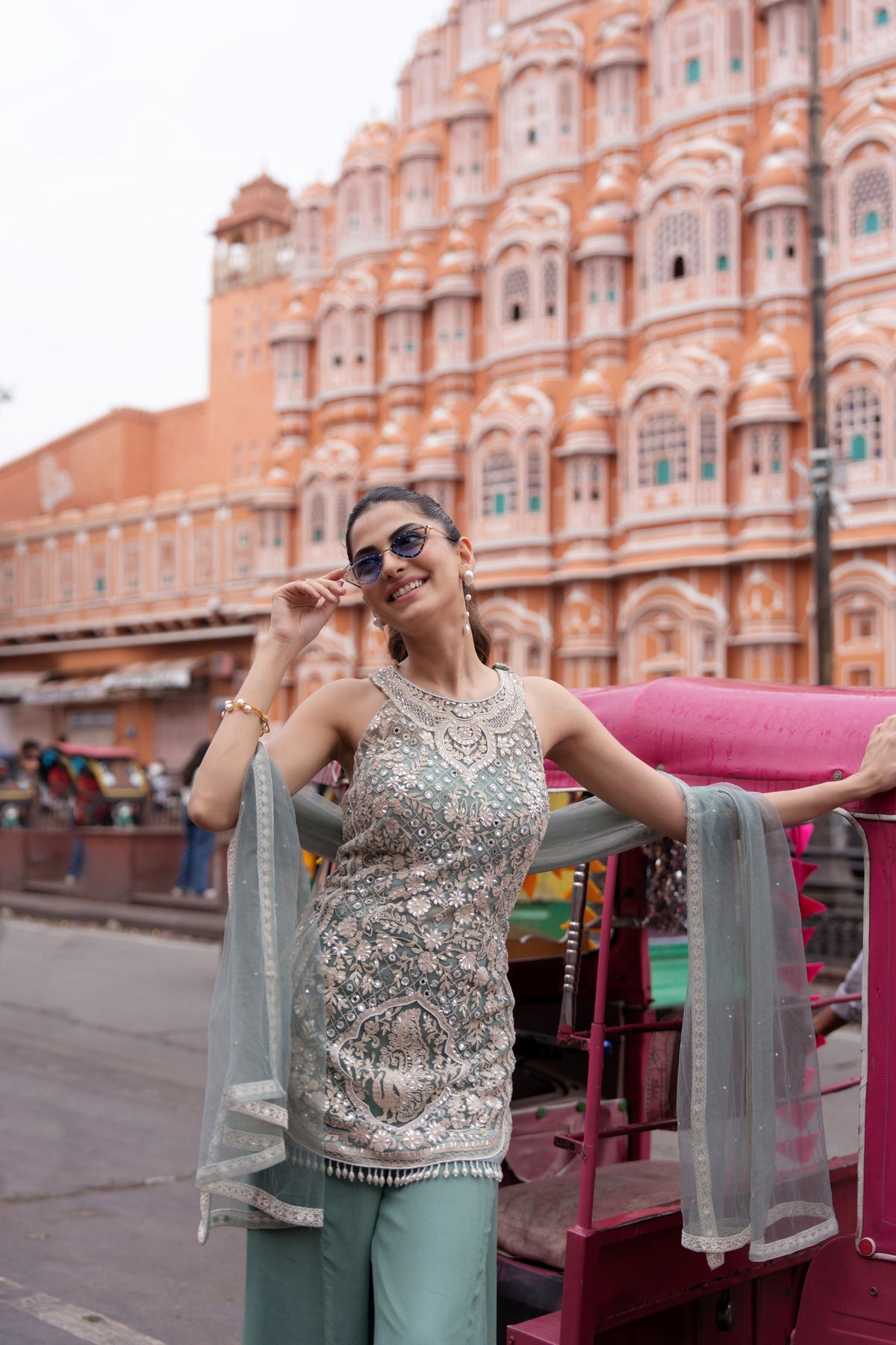 Blue Frost Embellished Premium Net Palazzo Set