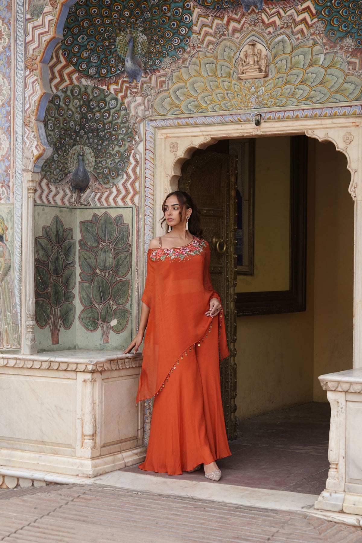 Chic Rust Orange Embroidered Crepe Silk Palazzo Set