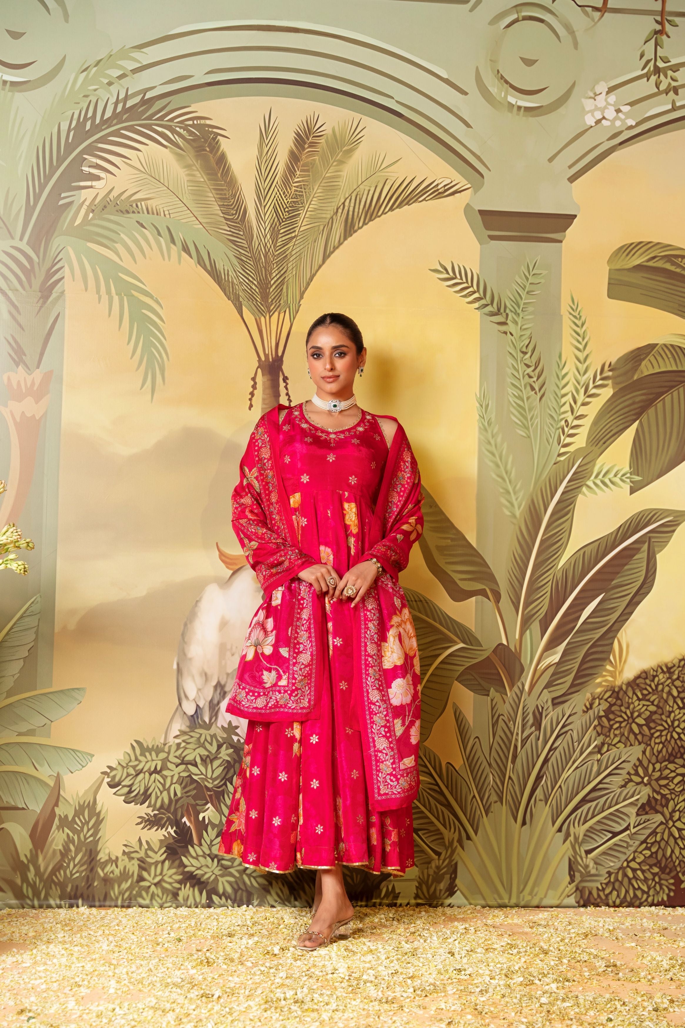 Deep Pink Embellished Chinon Silk Anarkali Set