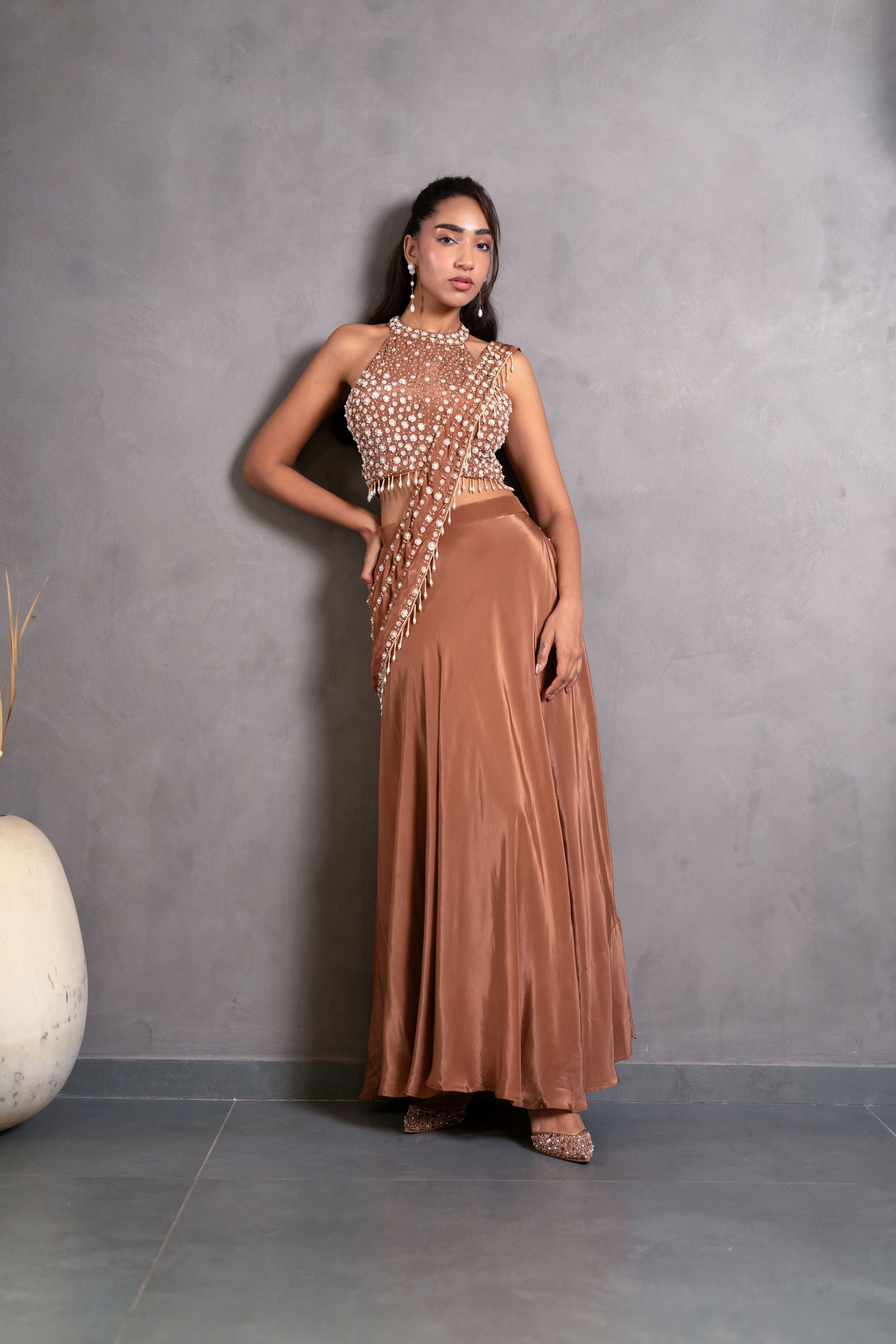 Almond Brown Embellished Crepe Silk Skirt Set