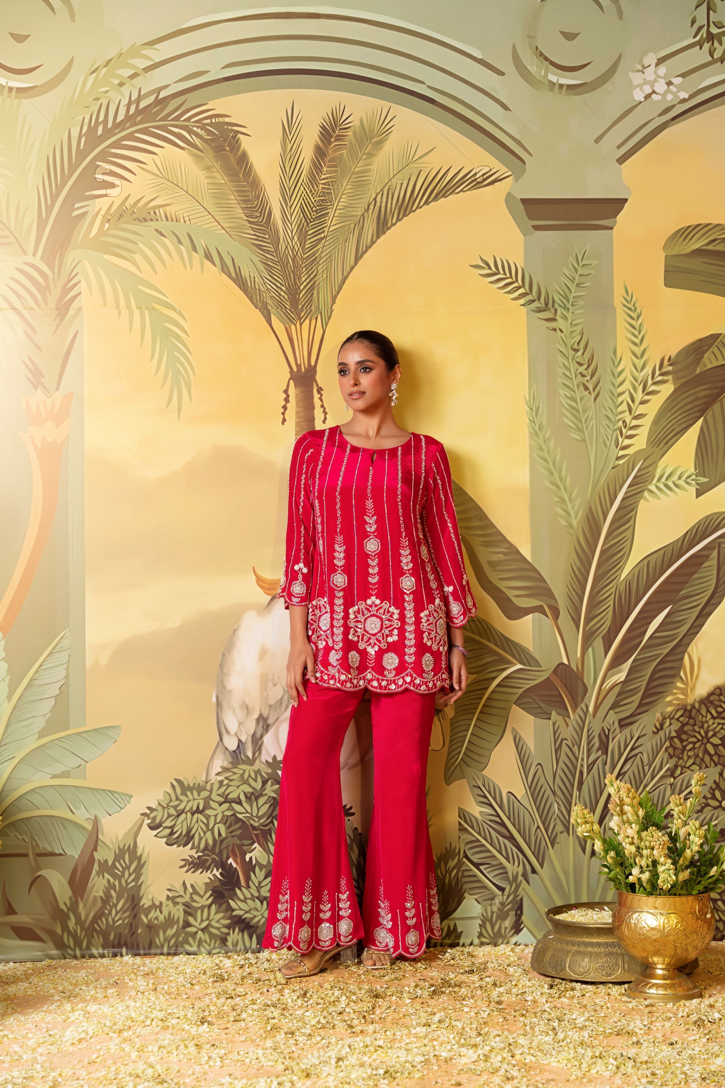 Hot Pink Embellished Satin Silk Co-Ord Set
