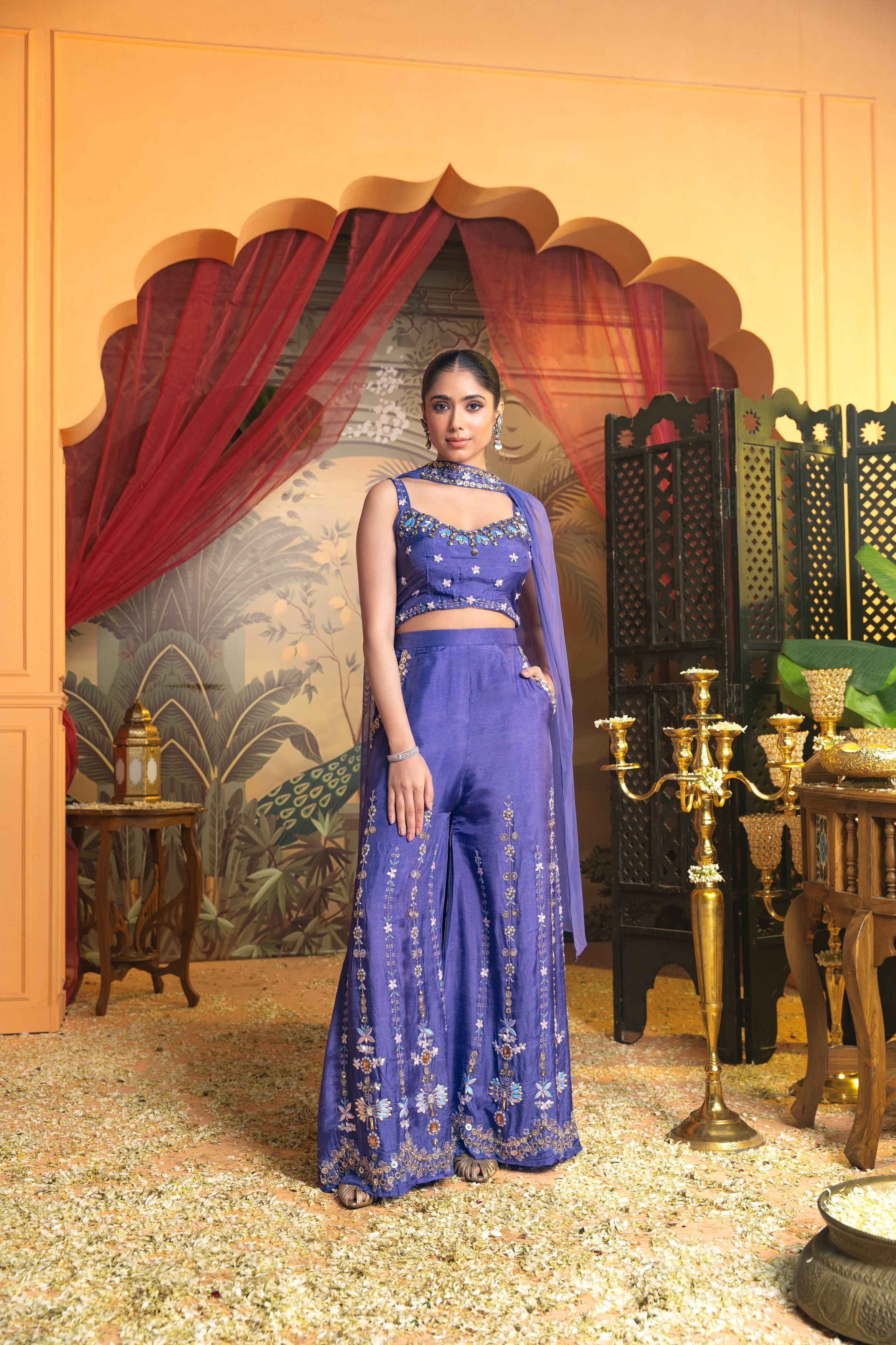 Vivid Violet Embellished Dola Silk Palazzo Set