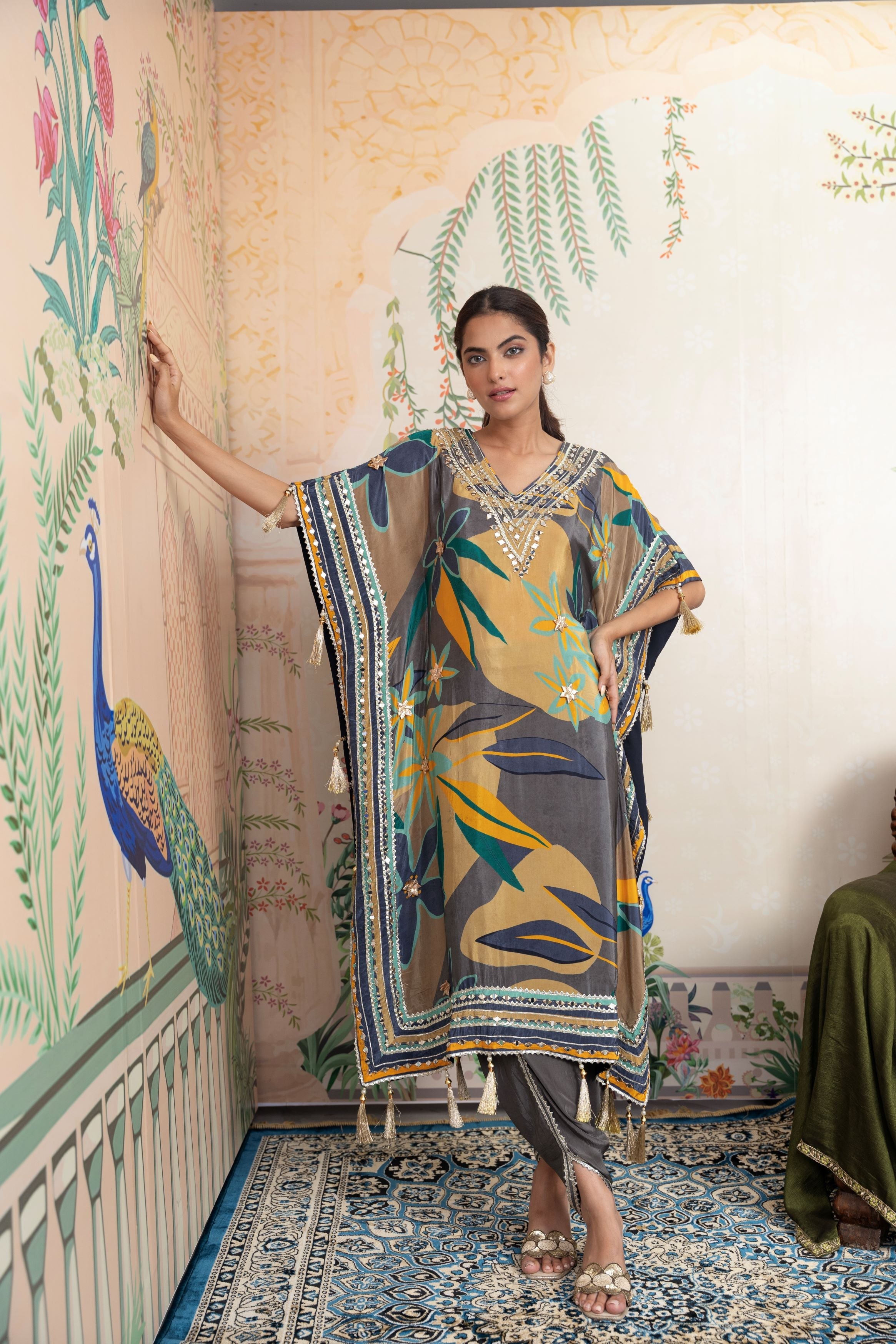 Olive Green Digital Printed Premium Silk Kaftan Set