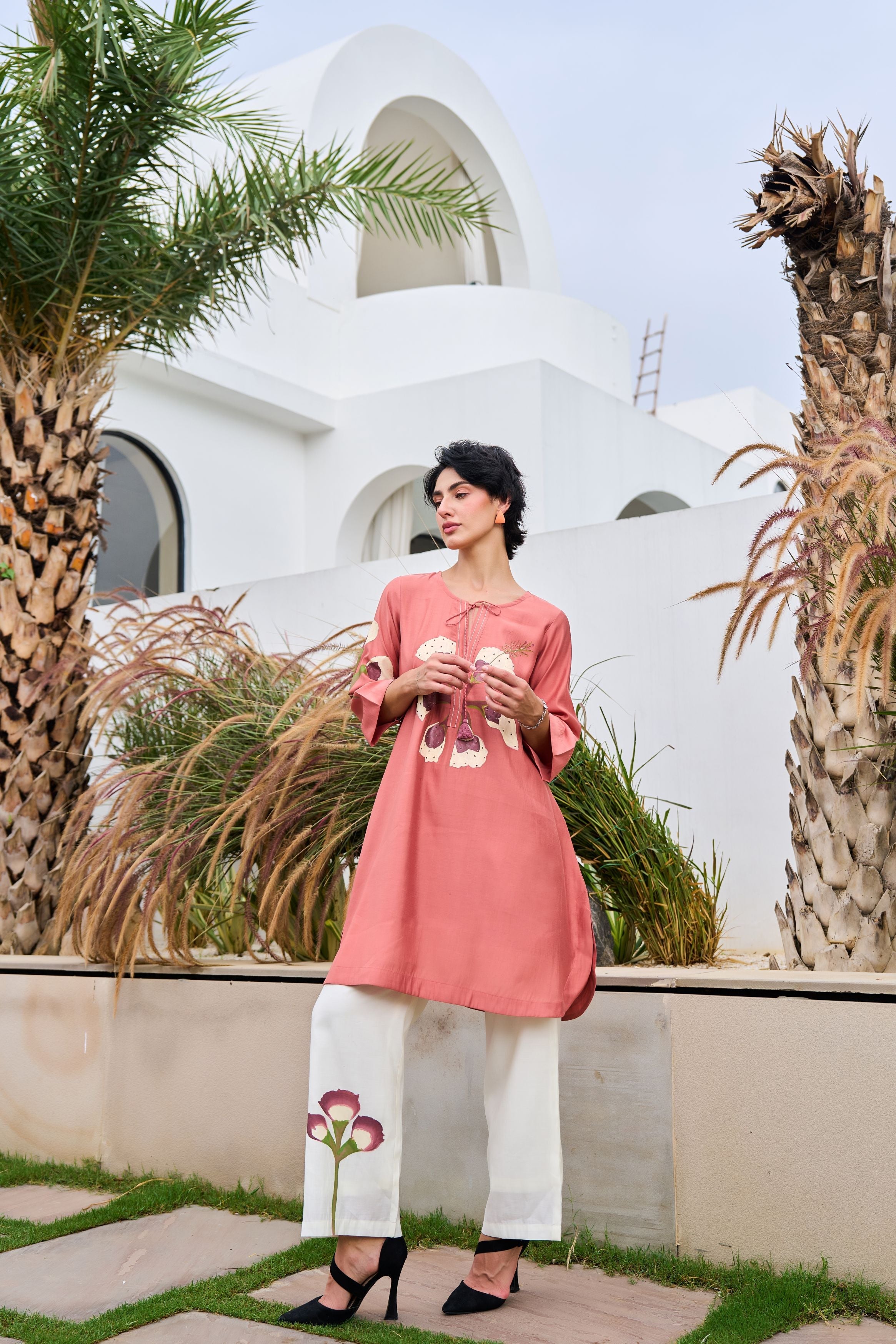 Peach Pink Printed Prmium Silk Co-Ord Set