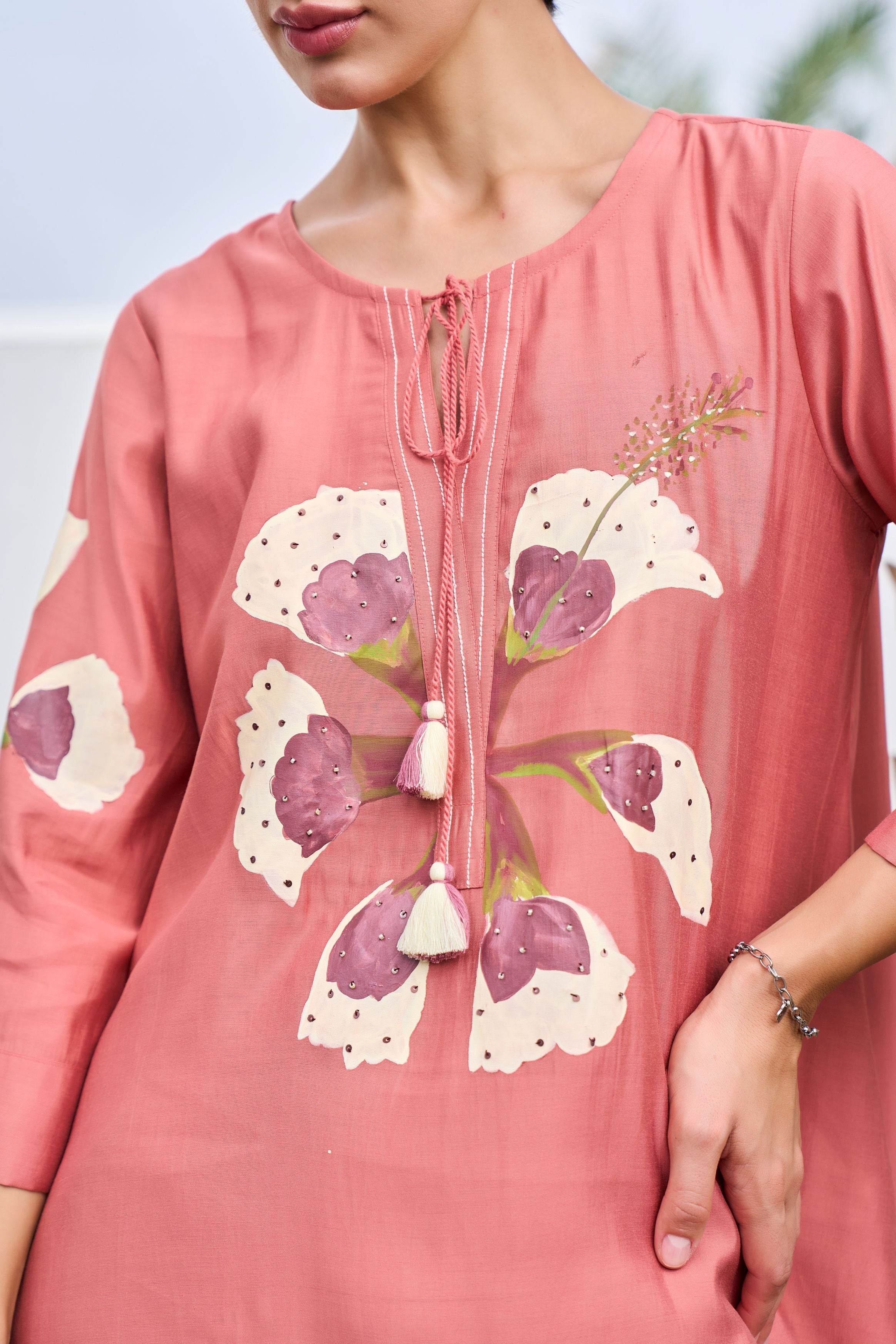 Peach Pink Printed Prmium Silk Co-Ord Set