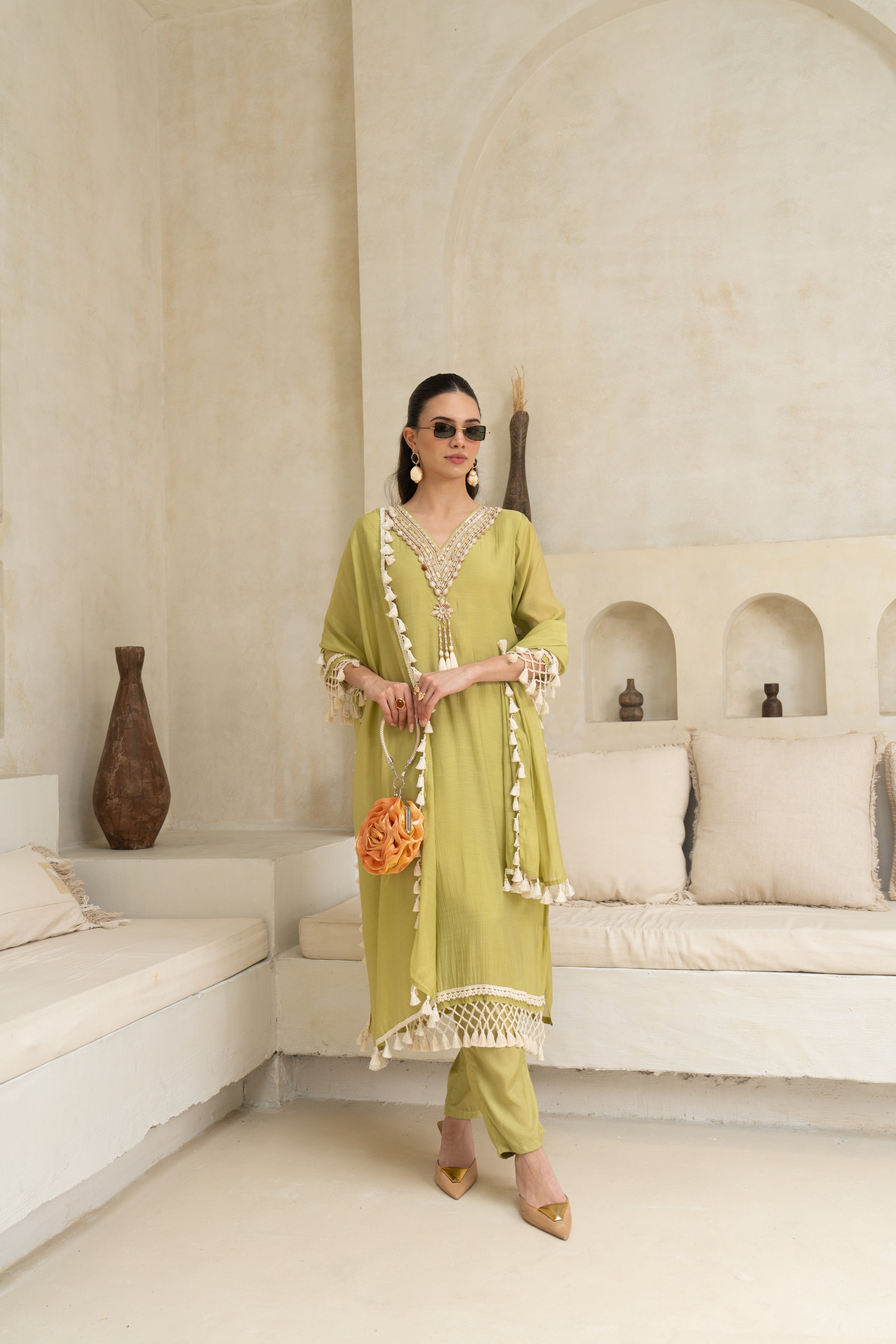 Enchanted Olive Embellished Crepe Silk Pant Set
