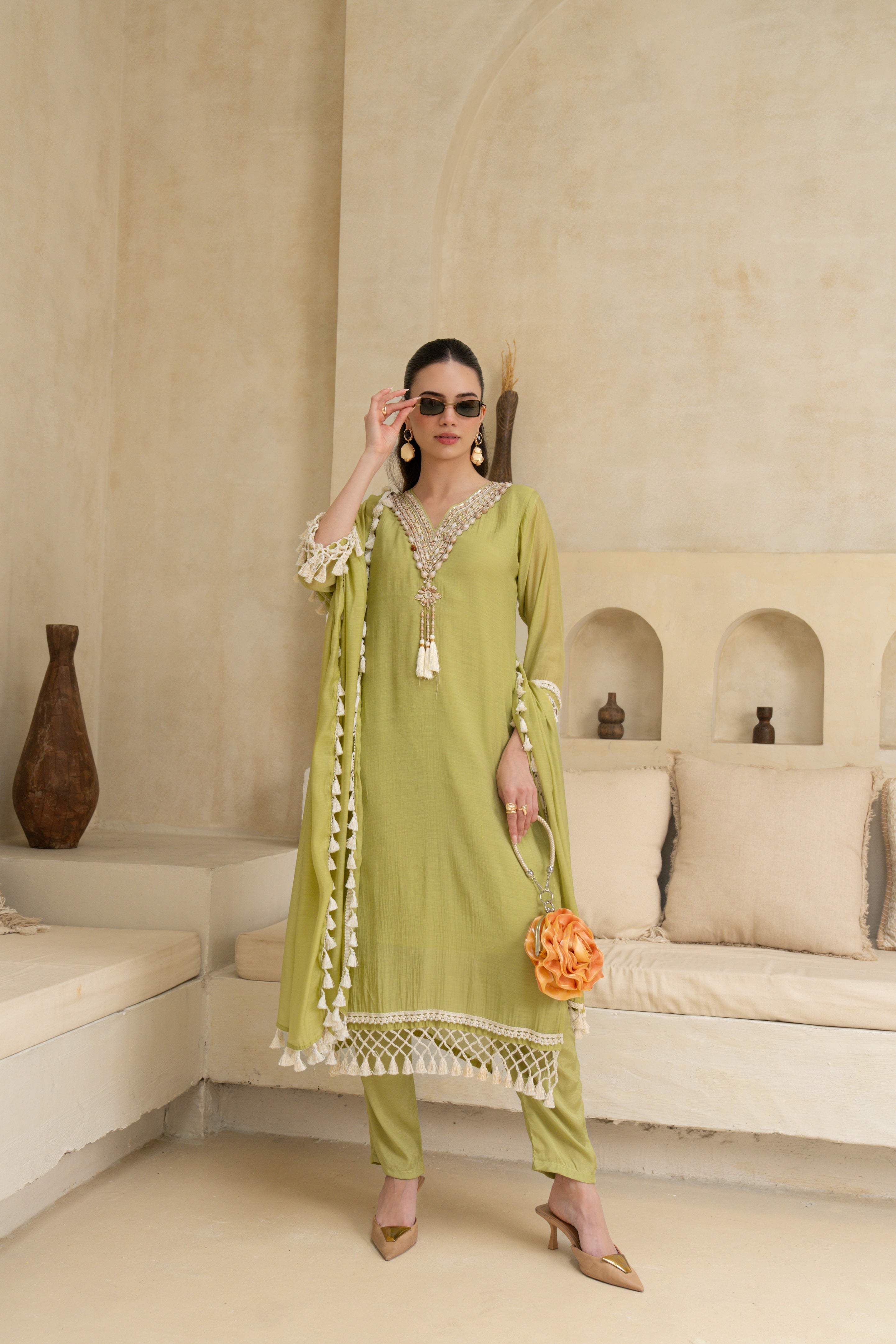 Enchanted Olive Embellished Crepe Silk Pant Set