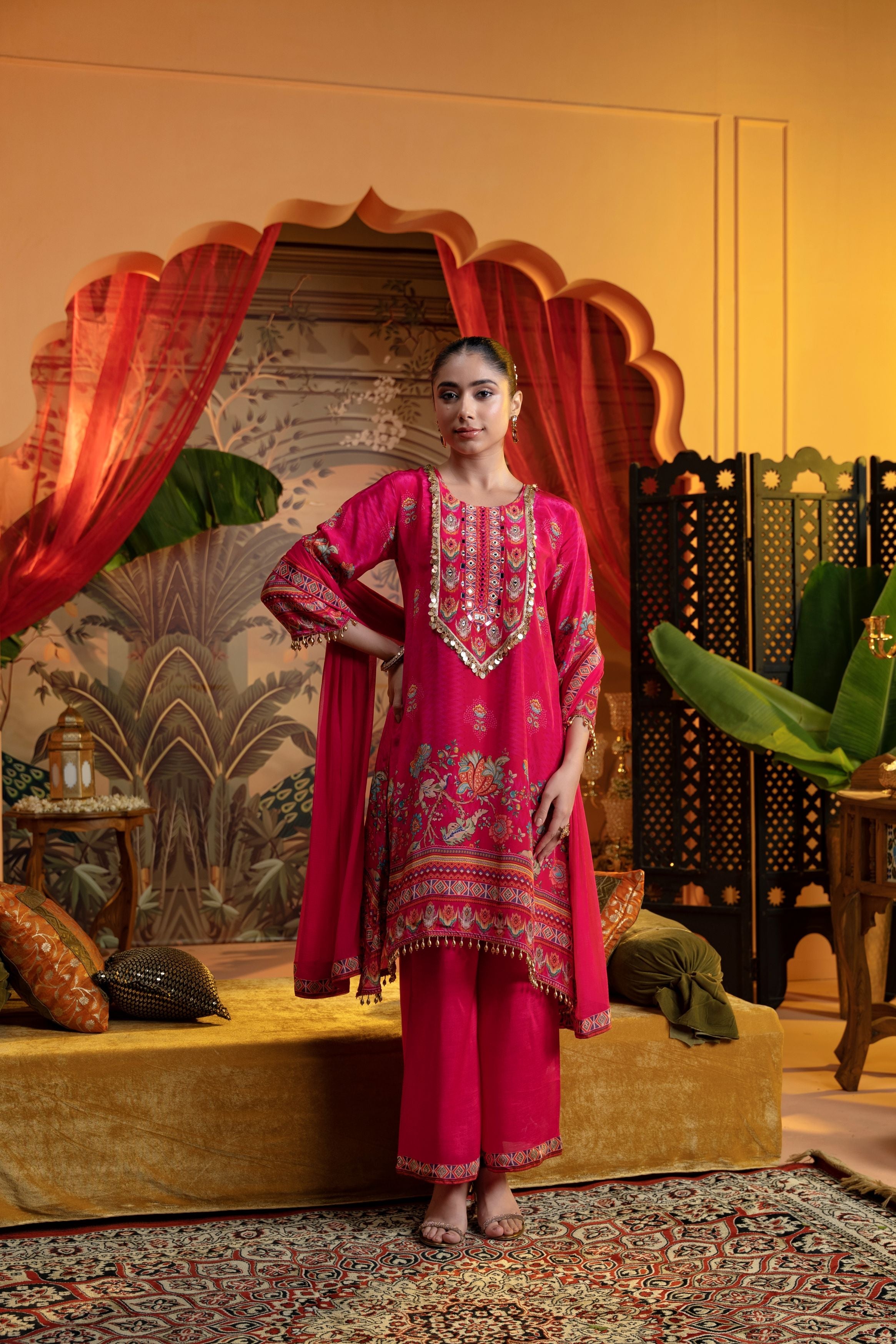 Dark Pink Embellished Satin Silk Pant Set