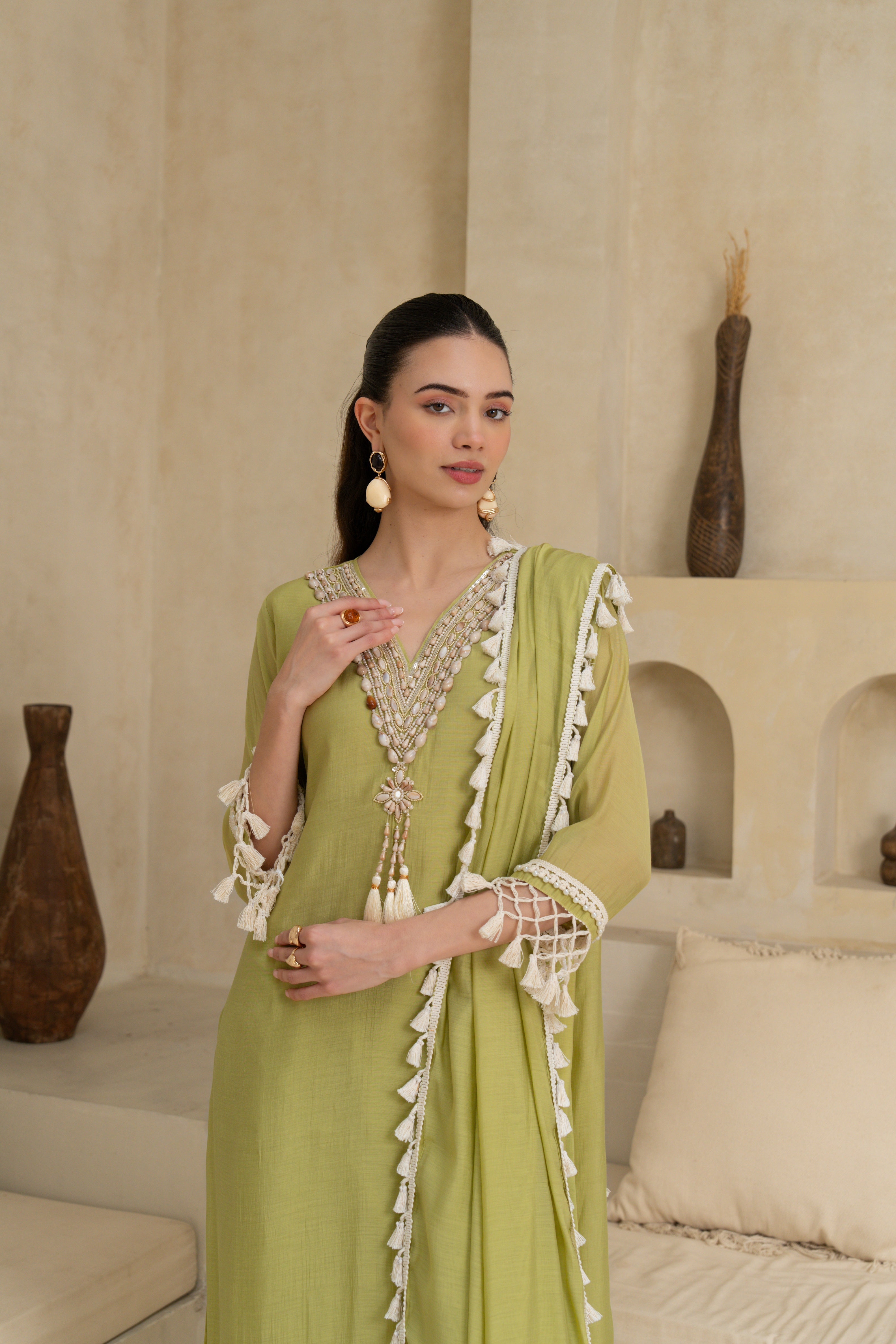 Enchanted Olive Embellished Crepe Silk Pant Set