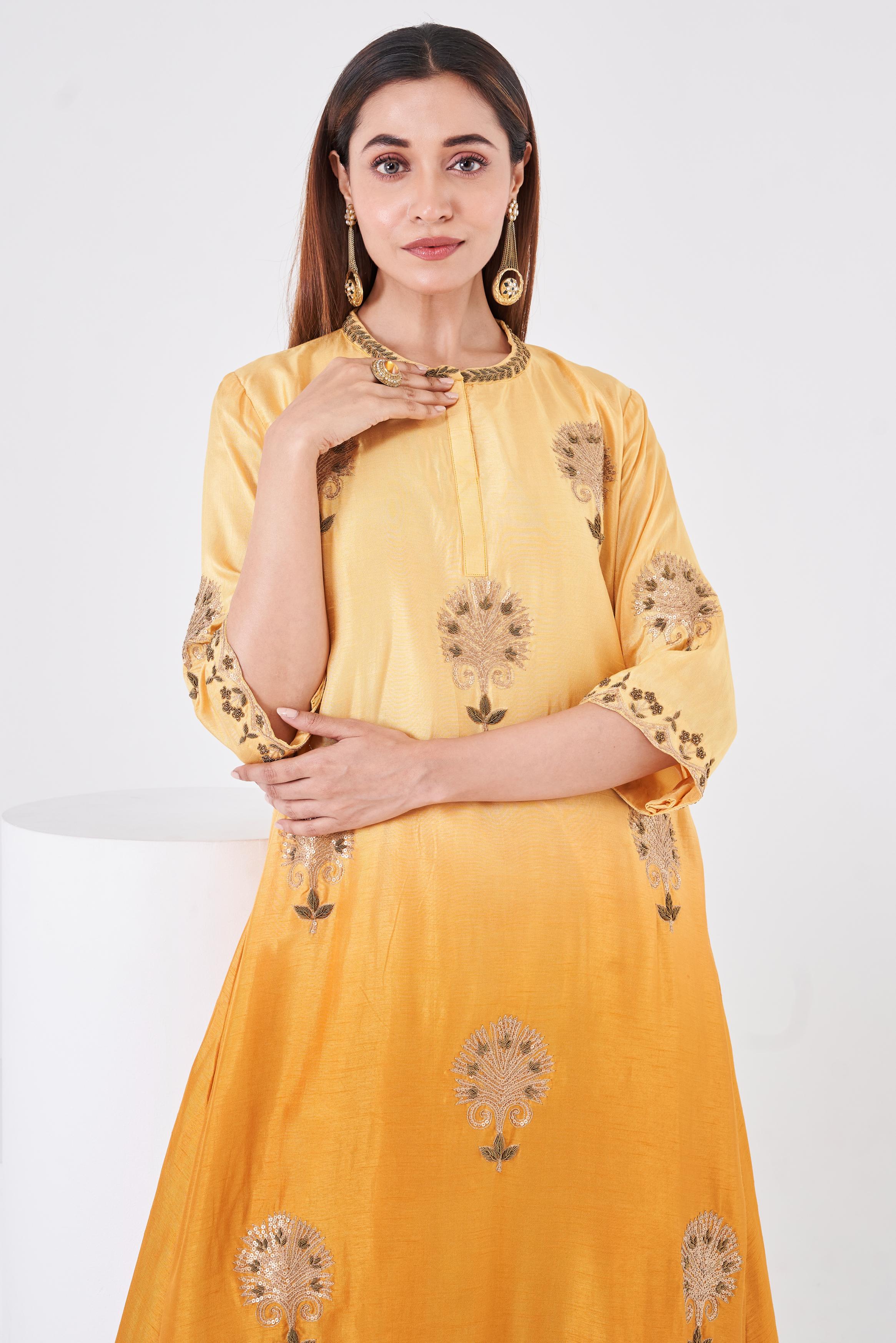 Carrot Orange  Embellished Italian Silk Palazzo Set