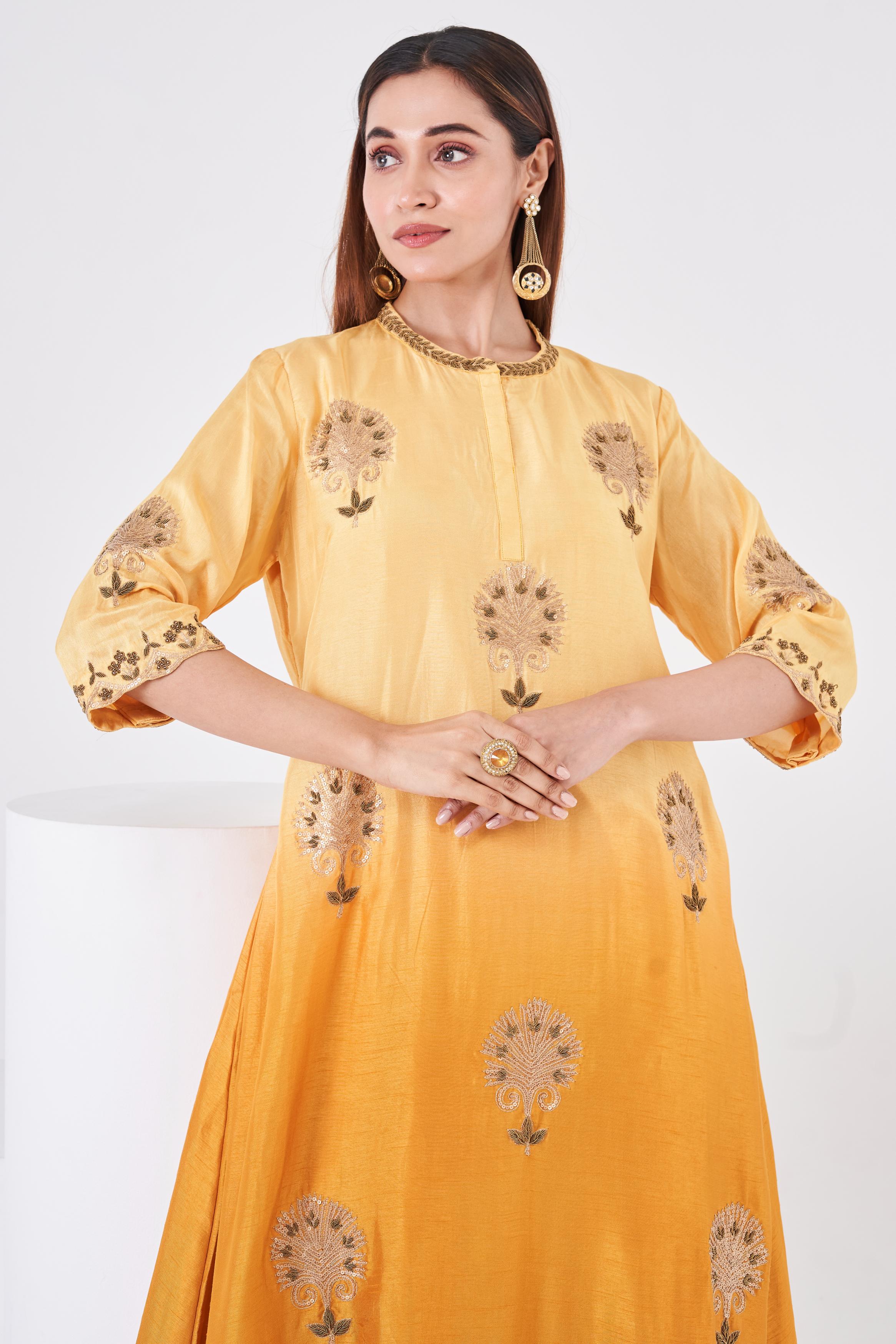 Carrot Orange  Embellished Italian Silk Palazzo Set