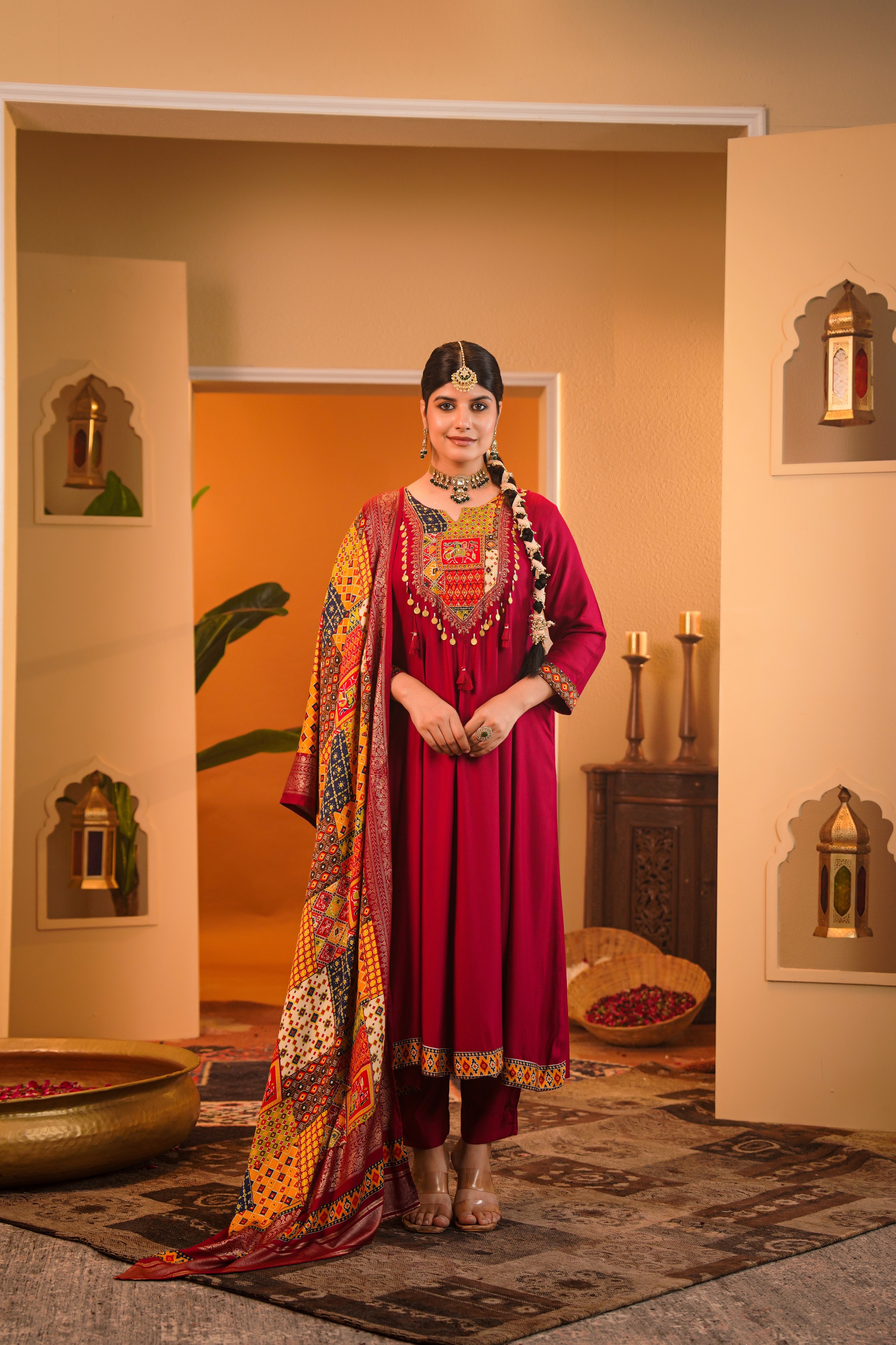 Regal Maroon Embellished Crepe Silk Anarkali Set