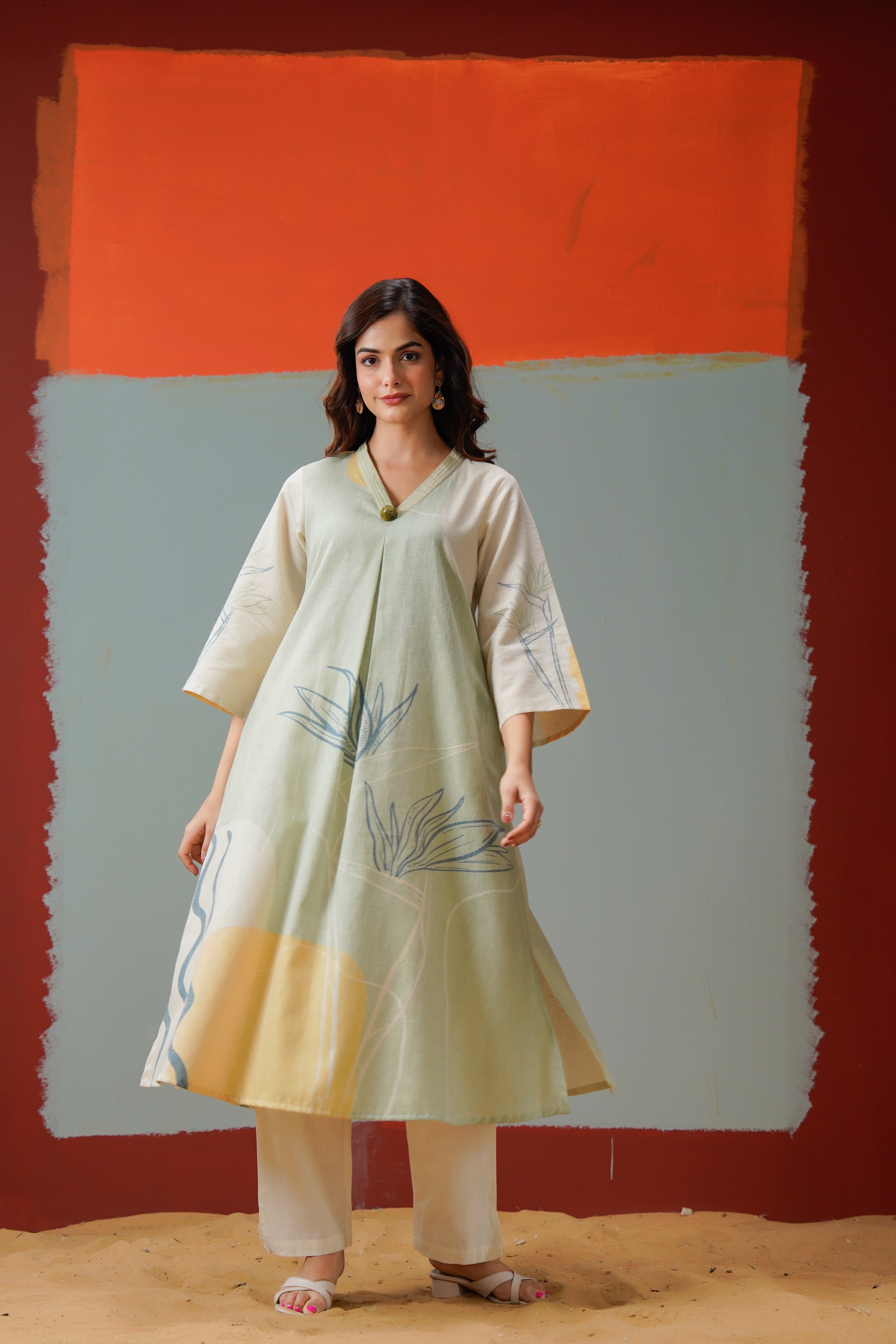 Sage Abstract Printed Linen Pant Set