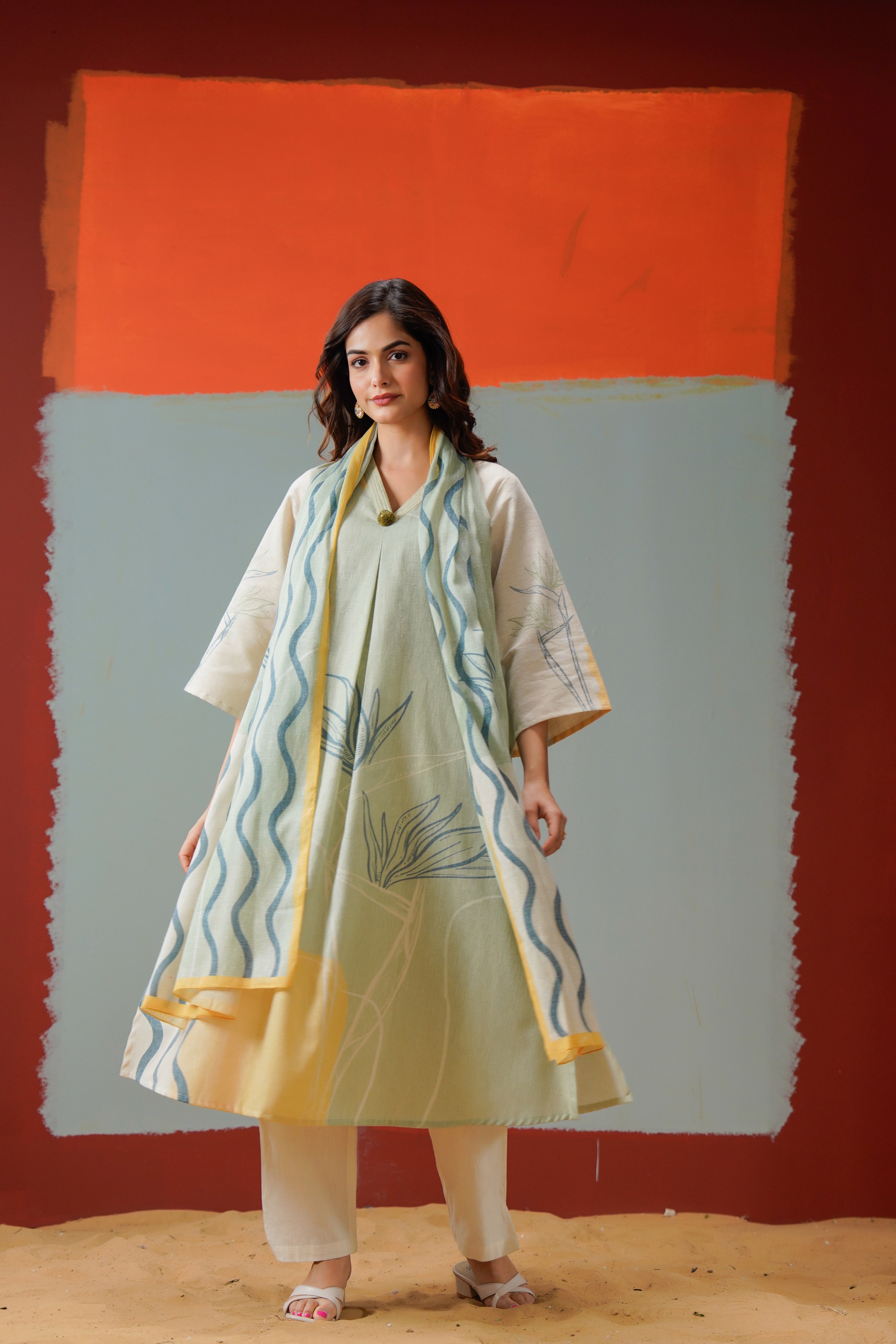 Sage Abstract Printed Linen Pant Set