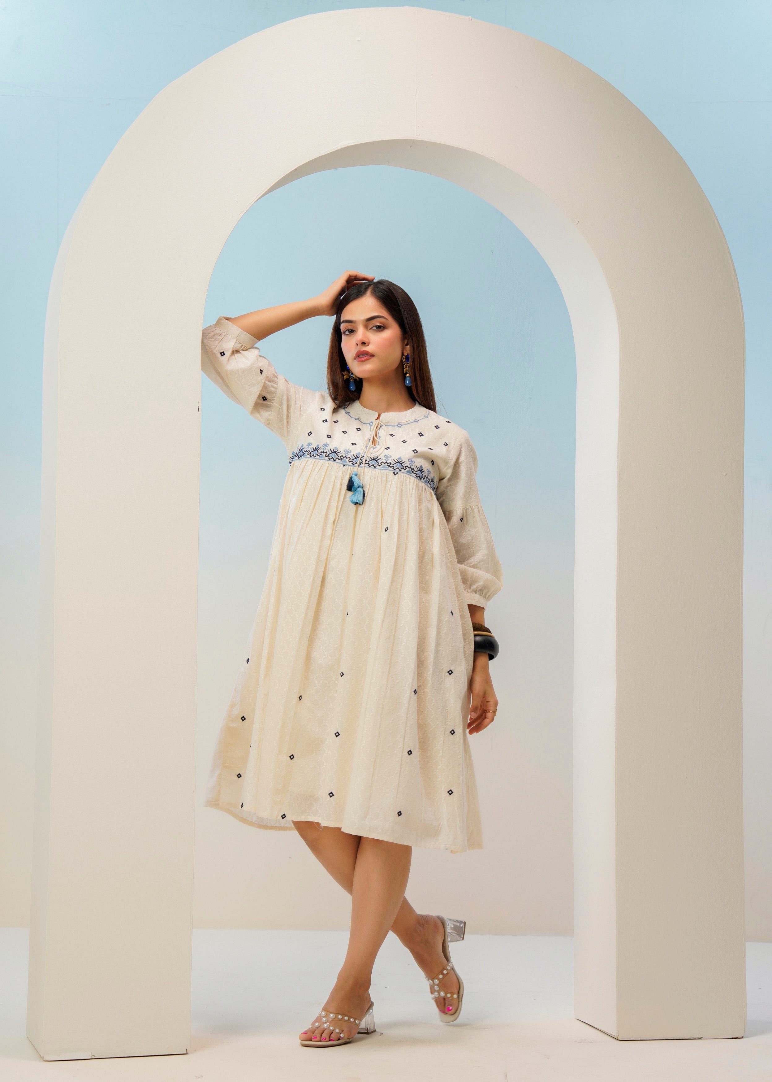 Off-White Floral Embroidered Cotton Dress