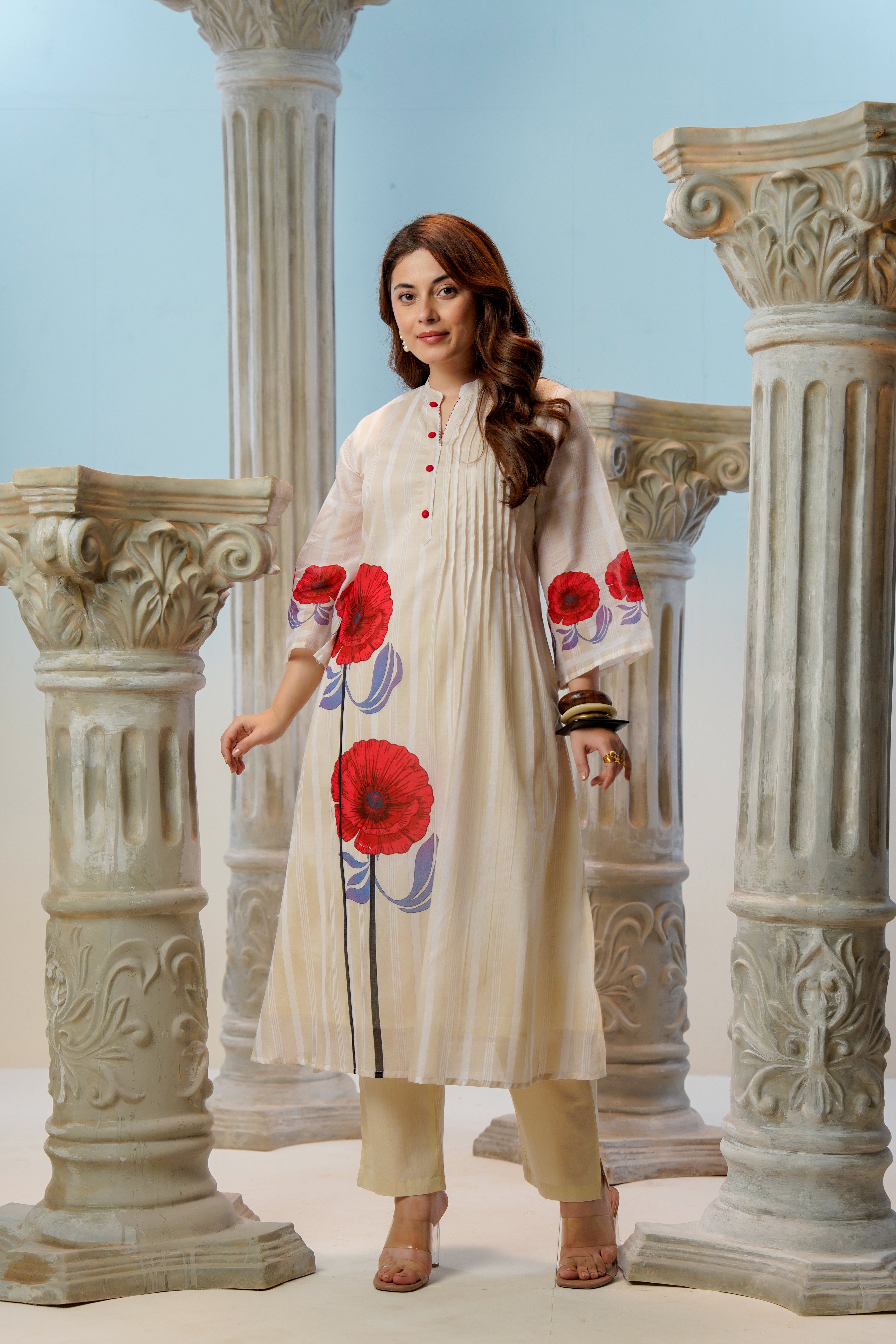 Cream Poppy Printed Cotton Kurta Set