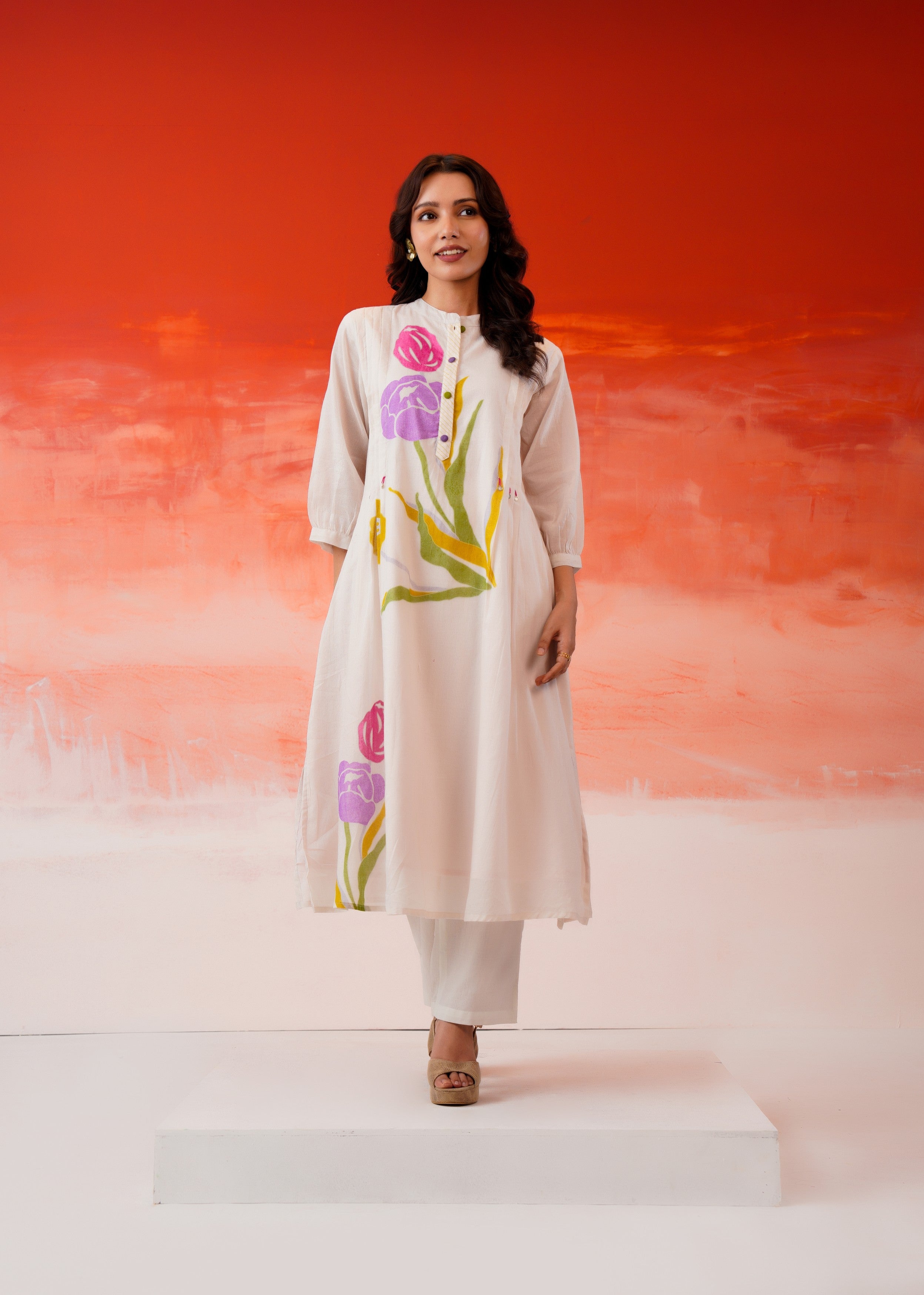 Off-White Tulip Printed Mul Cotton Kurta Set
